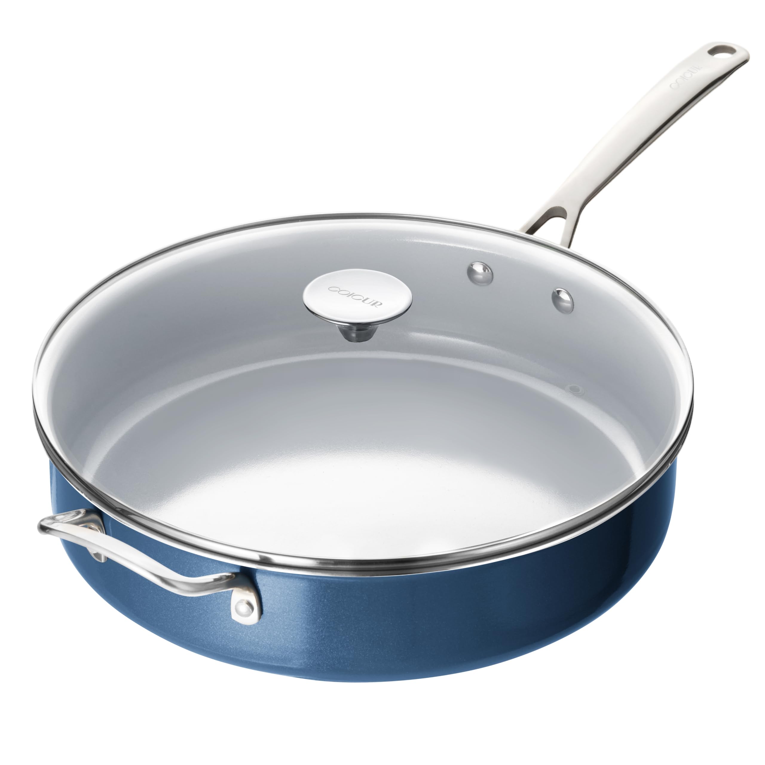 Coicur Nonstick Sauté Pan with Lid 4.7L Deep Frying Pan with Stainless Steel Helper Handle 30 cm Large Skillet Ceramic Jumbo Cooker, Induction Compatible Cookware, PFOA Free, Blue
