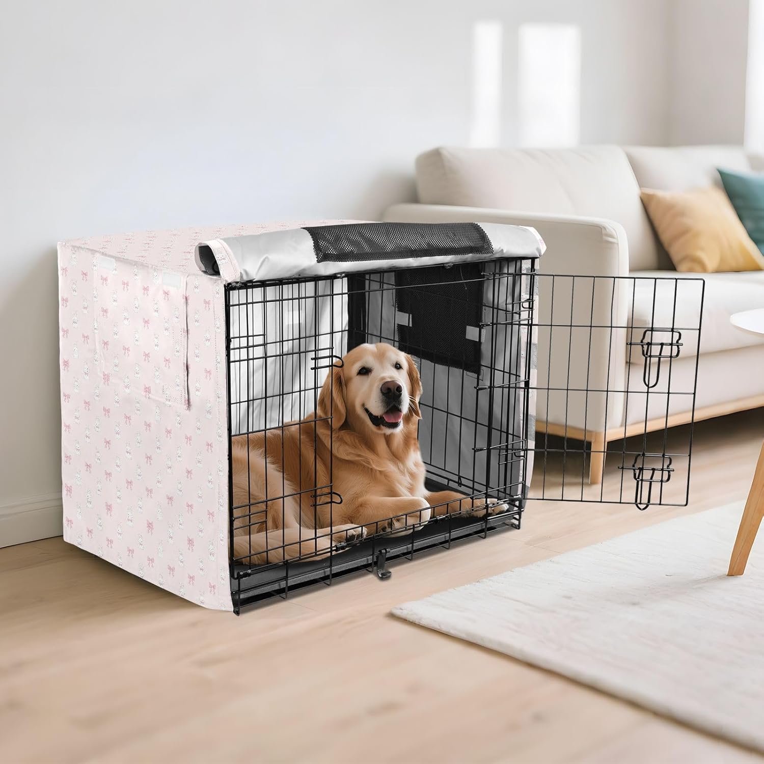 Pink Bow Rabbits Crate Covers for Dog Cages Puppy Kennel Covers Rollers Shades 48 Inch