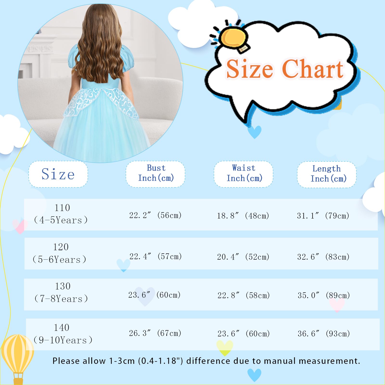 Berich Blue Princess Dress for Girls Dress up with Headband Kids Halloween Outfits Christmas Gifts World Book Day Costumes Princess Costumes for Girls 4-5 Years(Blue,110) - Image 4