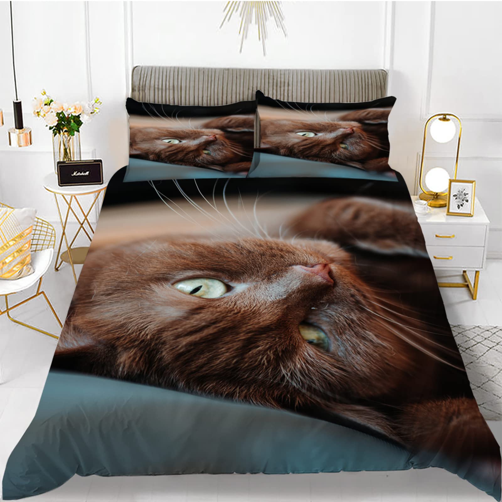 Housse de couette chat bleu 140x200 cm avec 2 taies d'oreiller