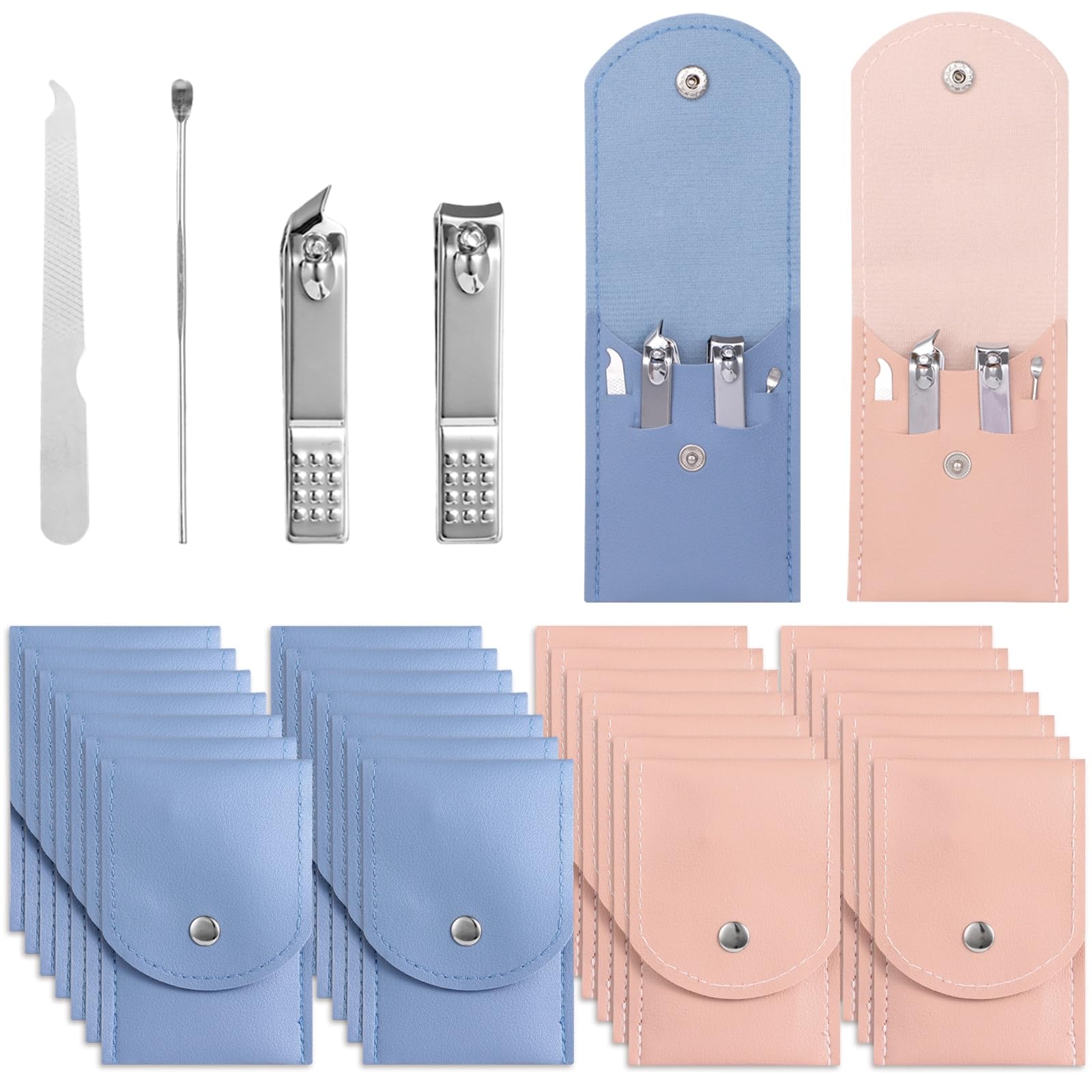 Juego de 30 cortaúñas, kit de manicura 4 en 1 a granel, kit de cuidado de uñas de acero inoxidable con funda plegable de piel sintética, esencial portátil de manicura de viaje para el hogar, salón y