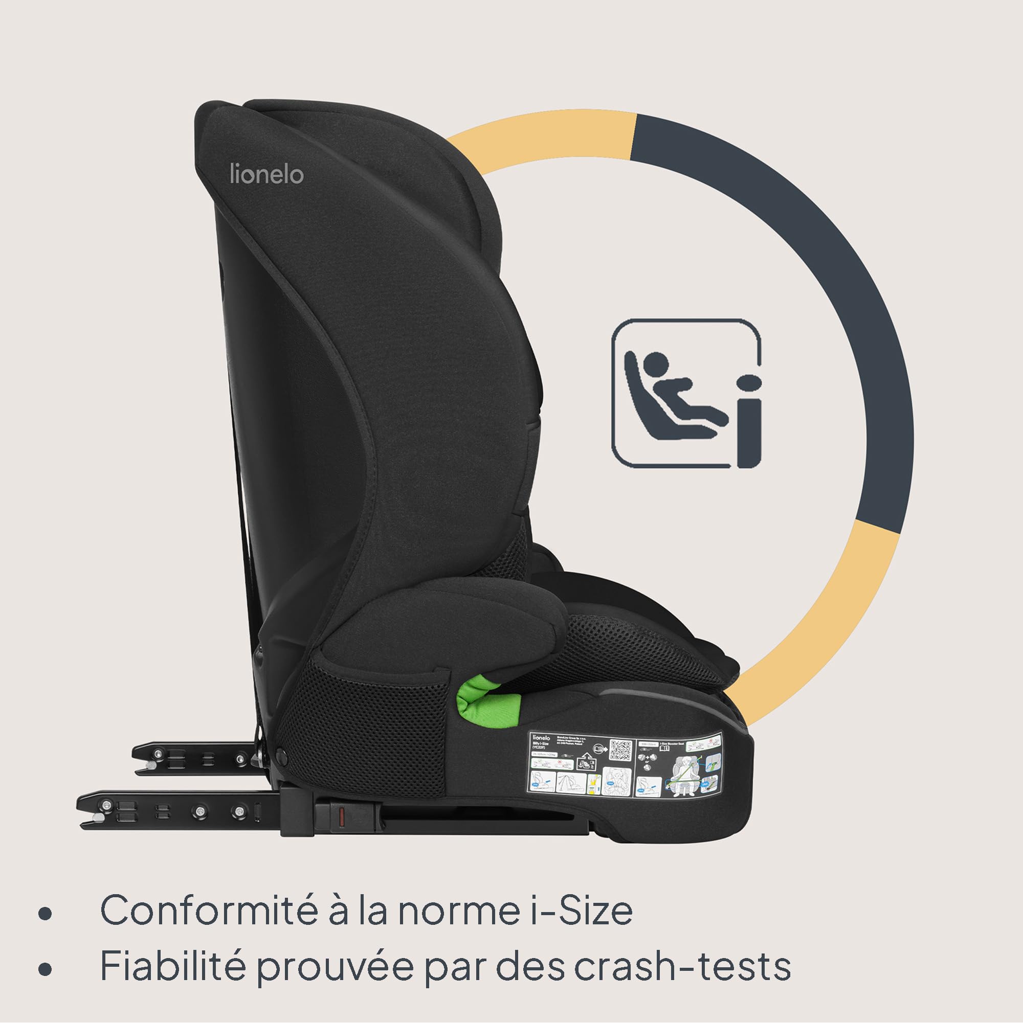 LIONELO LO-BILLY I-SIZE Siège Auto Bébé, 76 à 150 cm De 15 mois à 12 ans environ, Installation ISOFIX ou Ceinture de Voiture, Appui-Tête Réglable, Protection Latérale Norme R129 (Black)