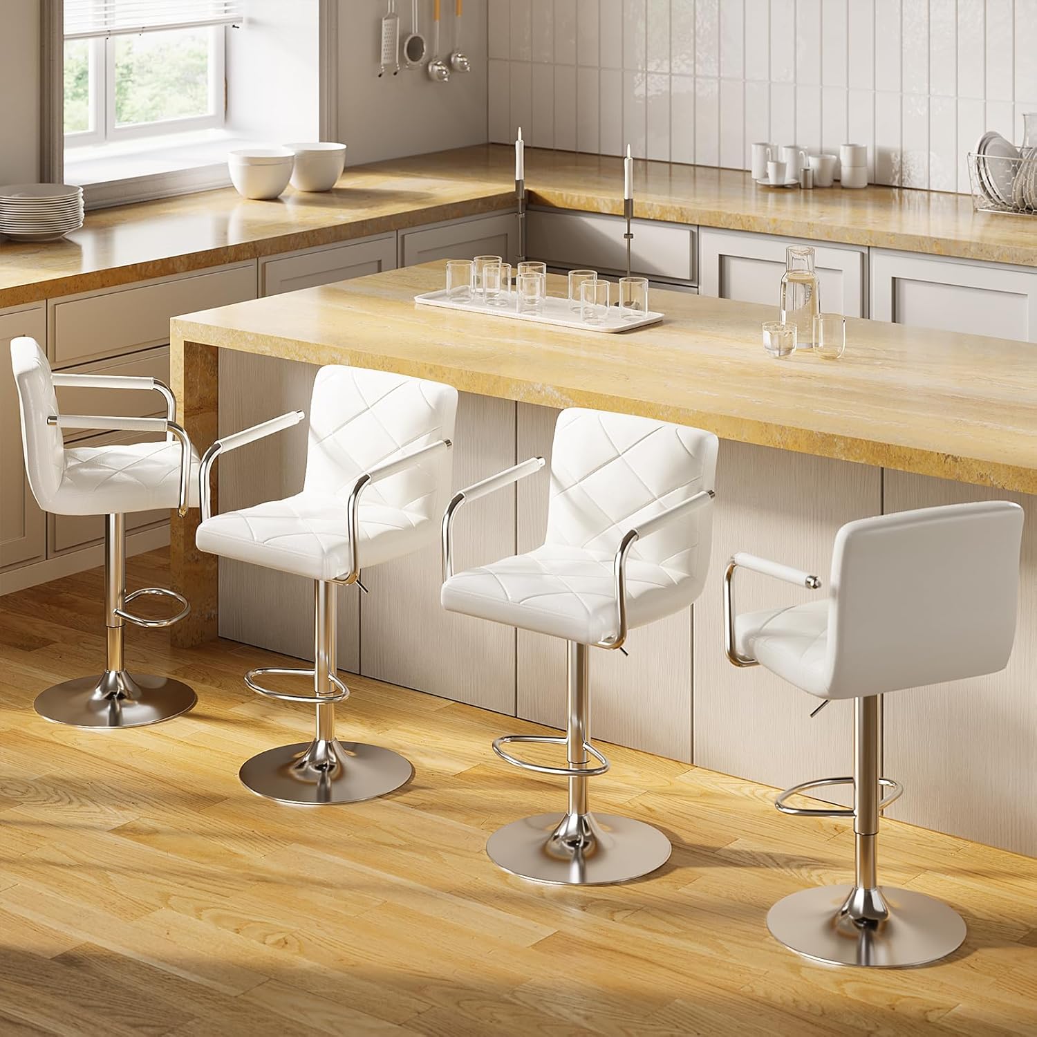 White Adjustable Swivel Leather Bar Stools with Chrome Base, Set of 2