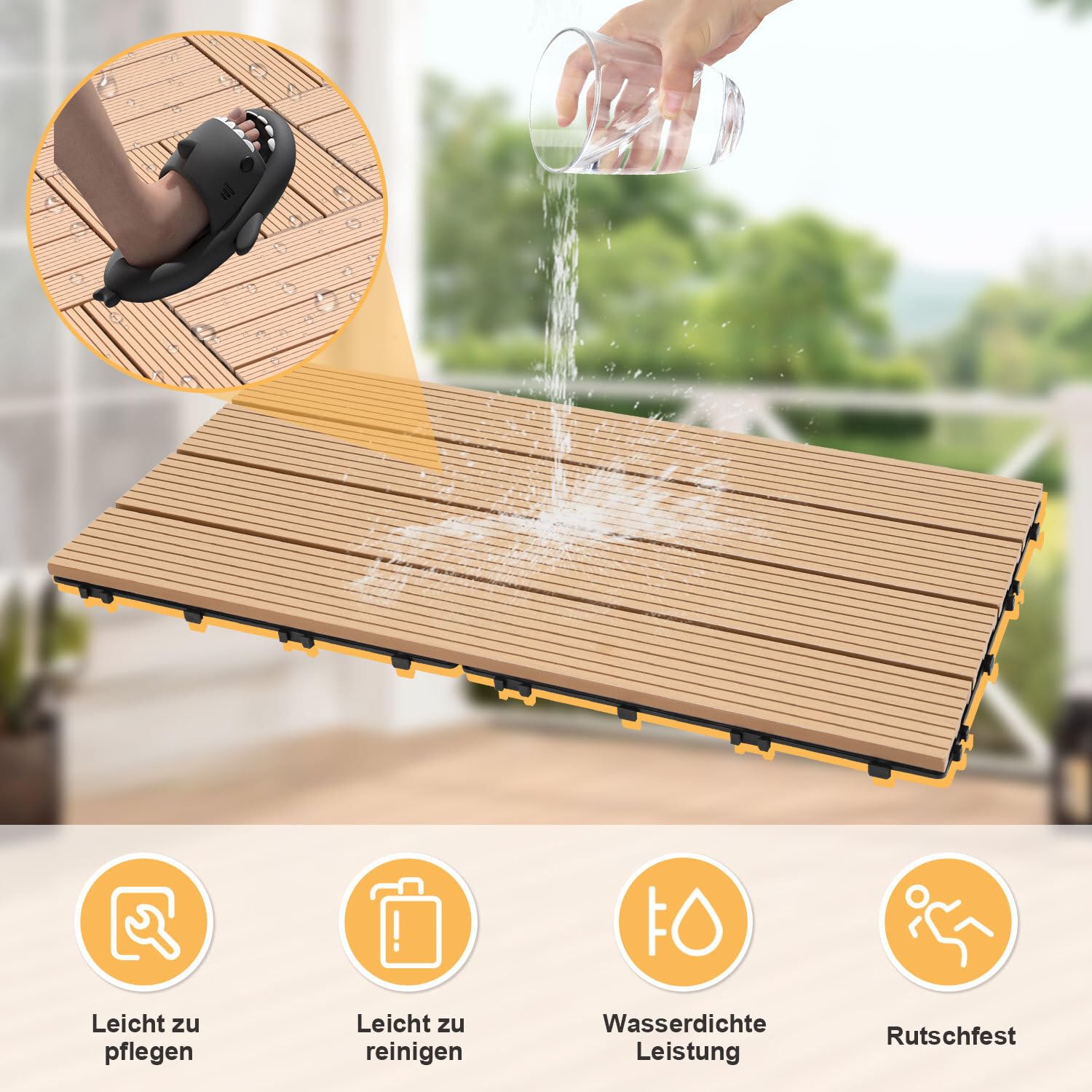 Piastre per terrazze in WPC, 30 x 60 cm, colore teak, 18 pezzi (3 m²) con sistema a clic, adatte all'acqua, effetto legno, facile da pulire, per balcone (piastrelle a scatto in PC)