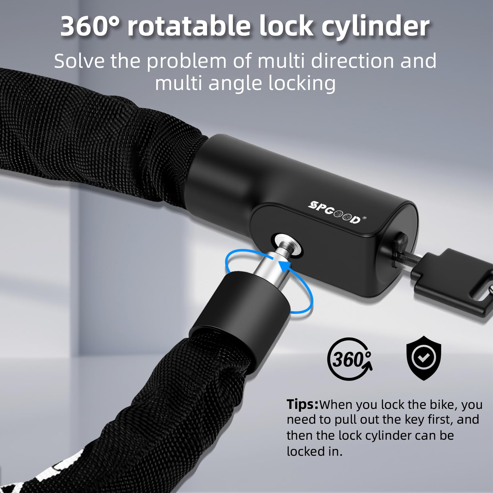 Visiter la boutique SPGOOD SPGOOD Antivol de vélo avec 3 clés, 90 cm en chaîne en acier de 6 mm, cadenas de vélo avec housse étanche, antivol haute sécurité pour vélo, vélo électrique, VTT, moto(Noir) in use