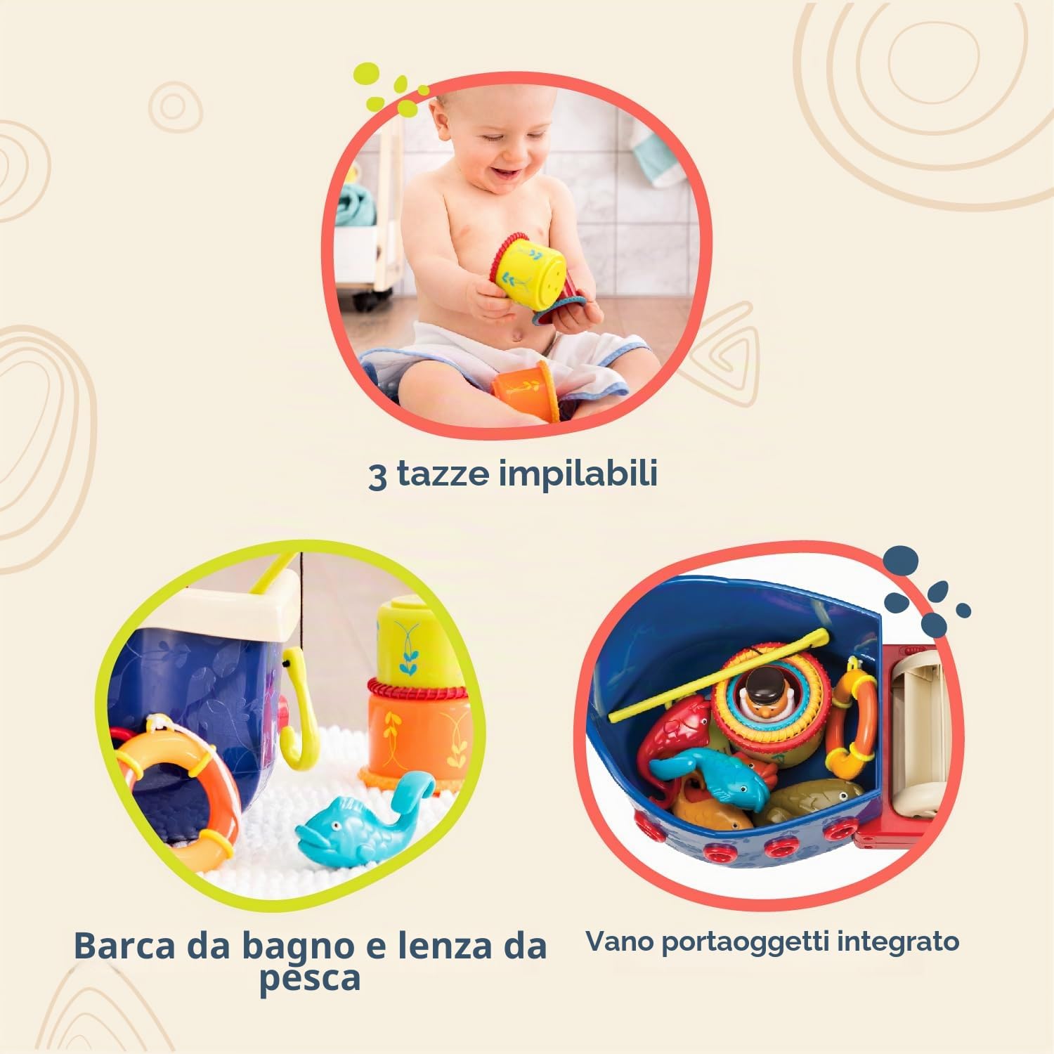 B. toys Fish N Splish, giocattoli da bagno con barca galleggiante | Set da bagno da 13 pezzi con barca galleggiante, capitano, 4 pesci, 3 tazze impilabili, amo e accessori marini, 1+ anni