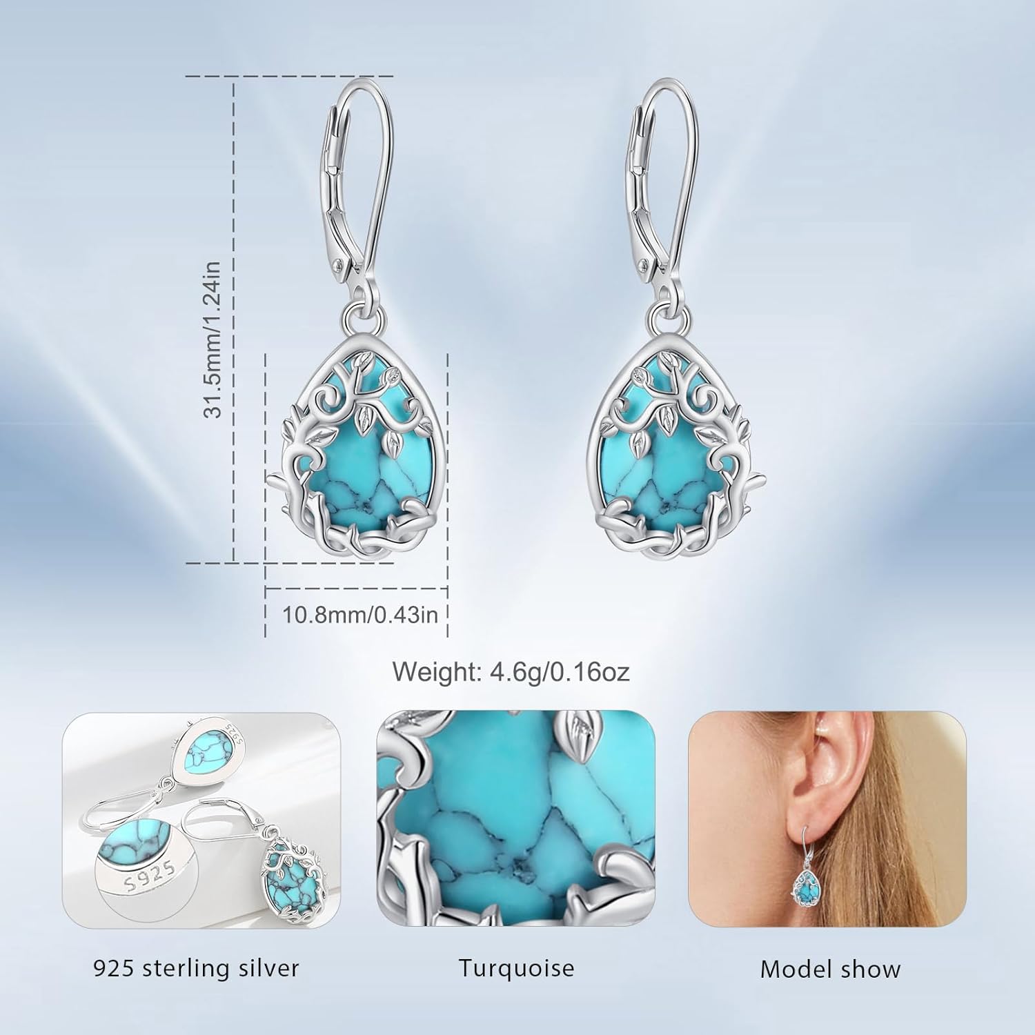Vito 925 Sterling Silver Teardrop Earrings for Women, Moonstone Turquoise Drop Dangle Earrings Cat Snake Turtle Tree of Life Leverback Earrings Boho Jewelry Gift for Mom Wife - Image 6