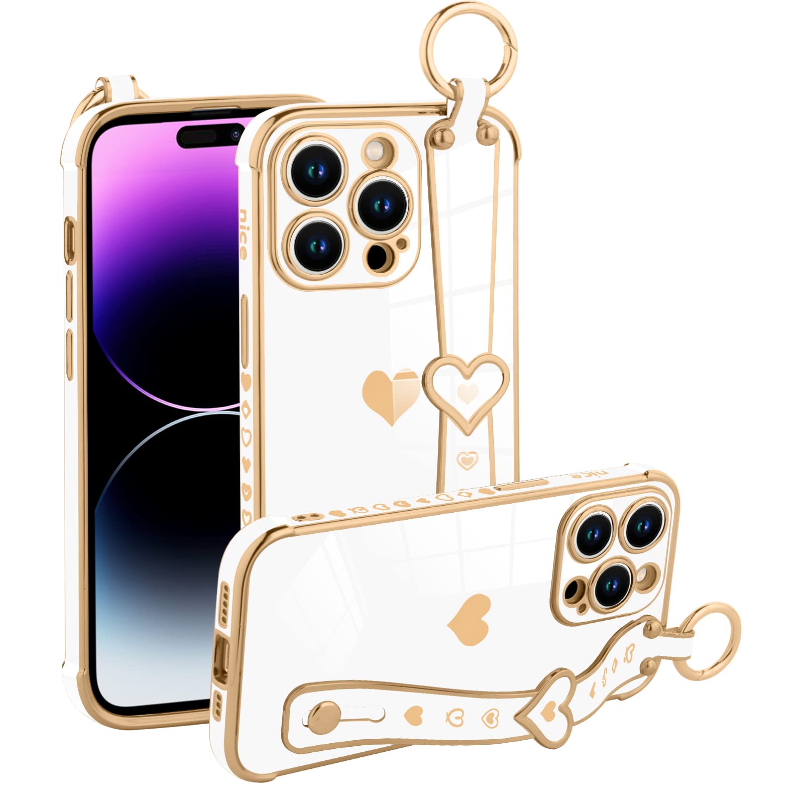 BonomaCompatible with iPhone 14 Pro Max Phone Case with Wrist Strap Loveheart Kickstand, Luxury Love Heart Plated Shock-Absorption TPU Bumper Protective Cover, for Women Girls- White
