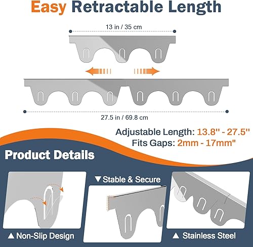 Miniatura 5 de Cubiertas para estufas de acero inoxidable, paquete de 2 rellenos retráctiles para estufas (13.8 a 27.5 pulgadas de largo, 0.79 pulgadas de ancho),