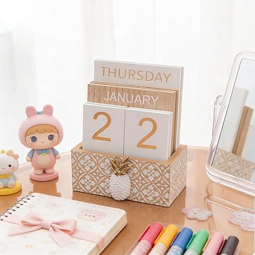 Miniatura 5 de Calendario de bloques para escritorio, calendario perpetuo de escritorio de madera, regalo diario, bloques de madera vintage para el hogar, granja