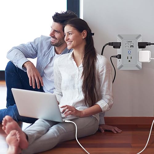 Miniatura 4 de Extensor de tomacorriente, protector de sobretensiones con 5 enchufes múltiples y 4 puertos USB (1 USB C), cargador de pared de regleta de