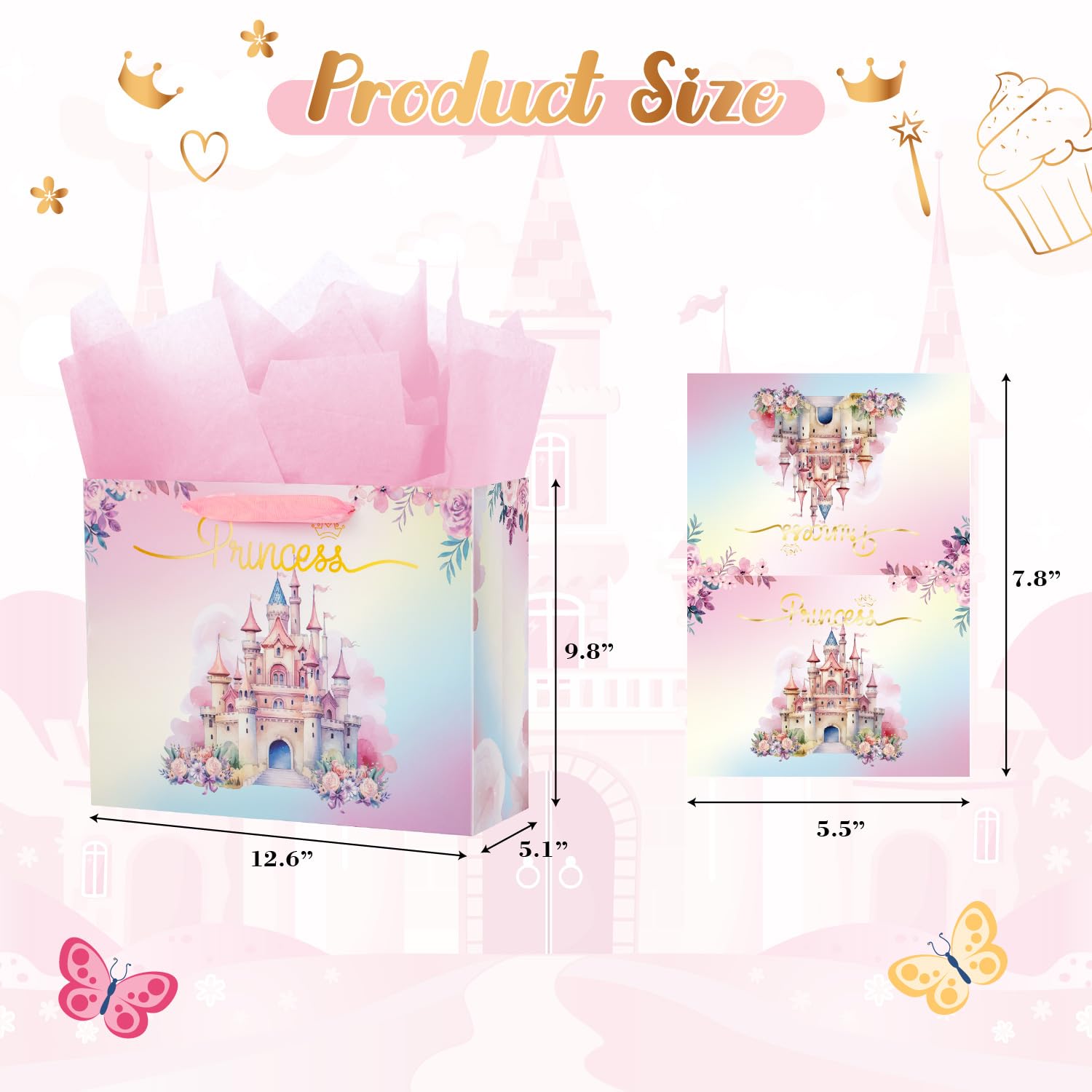 Ranfashiong 13" Large Pink Castle Birthday Gift Bag with Tissue Paper for Party Favor for Baby Shower, Girl, Princess Wrapping