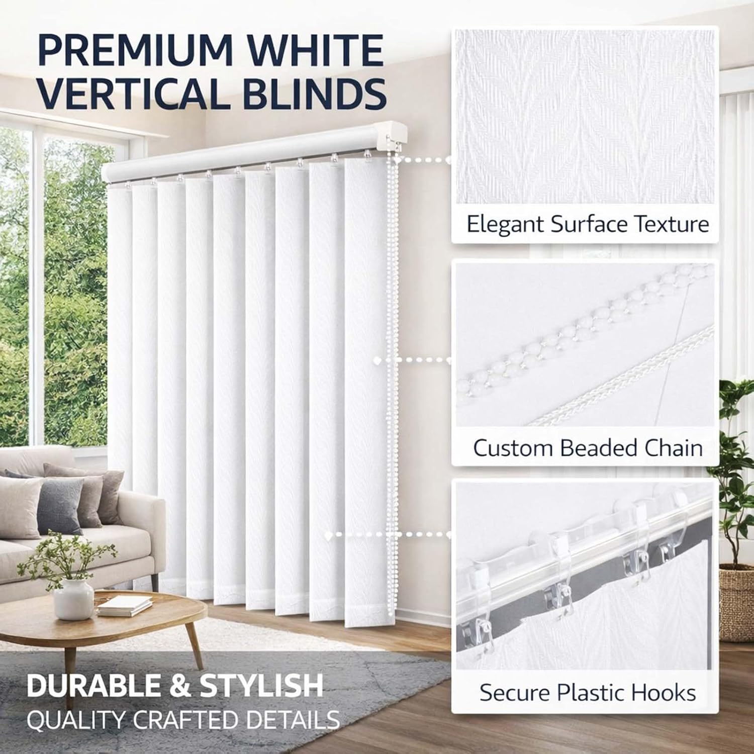 White Vertical Blinds for Patio Doors & Large Windows 78" 83" 88" 92" 98" Light Filtering Cordless Window Shades, Fabric Room Divider Blinds for Sliding Glass Door, Smooth Gliding(92" W x 92" H)