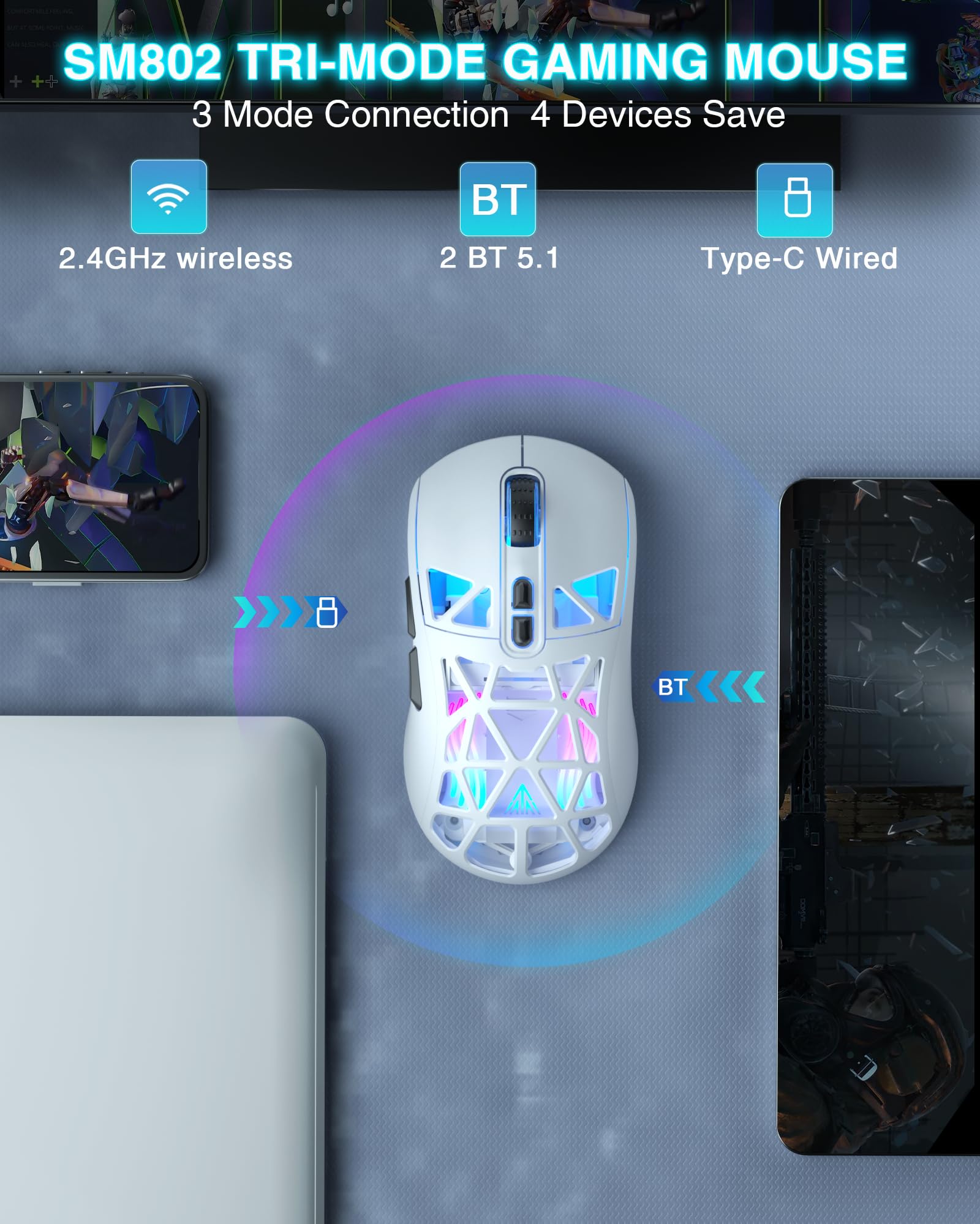 SOLAKAKA SM802 - Ratón inalámbrico blanco para juegos, 10000 DPI, Tri-Mode Wired/BT 5.0/2.4GHz Ratón inalámbrico para juegos con botón lateral, mouse macro programable RGB para laptop