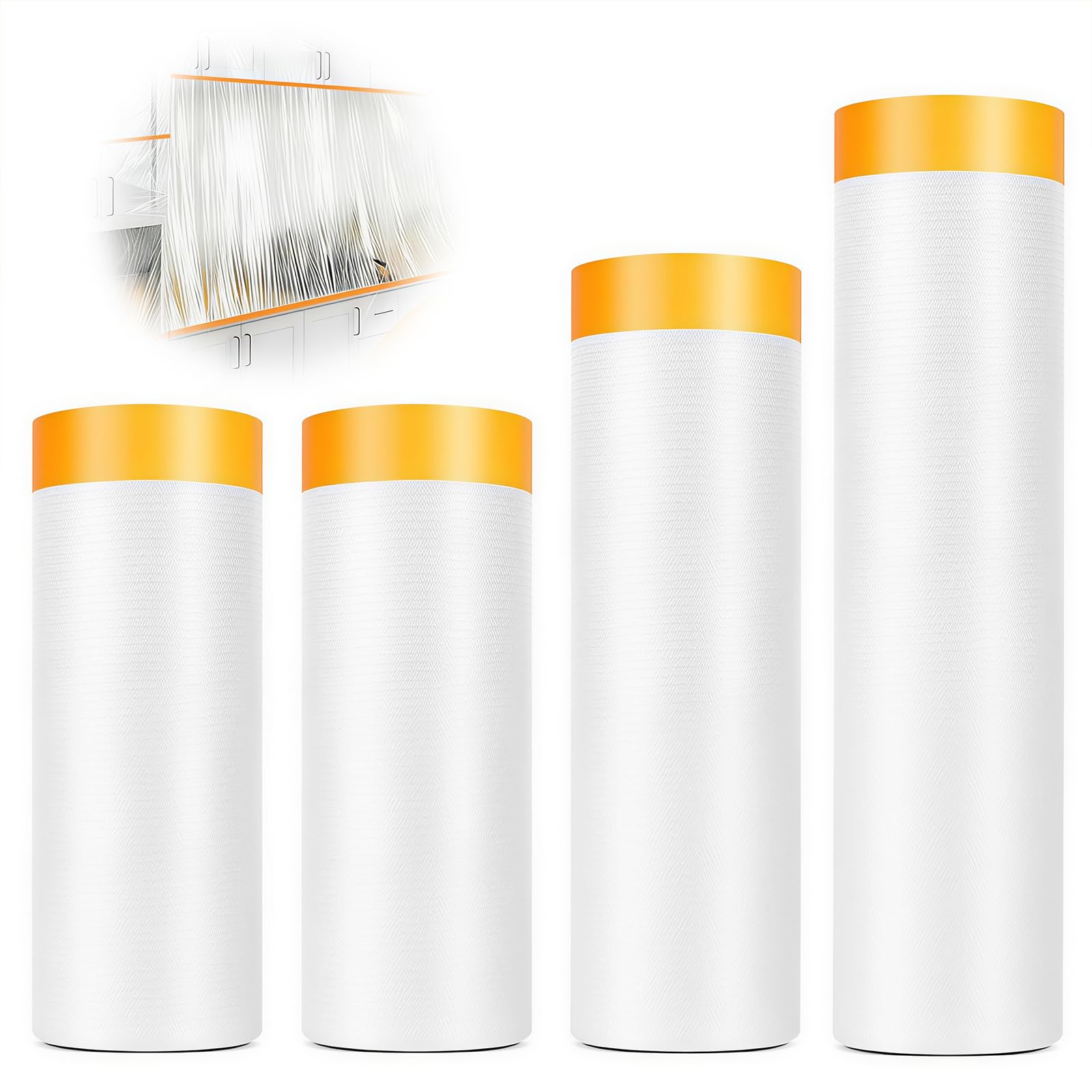 4 Rolls Pre-Taped Masking Film, (110+150+200+270cm) x 20m Drop Film Pre-Taped, 80m Masking Film Rolls with Self-Adhesive Tape, Transparent Plastic Dust Sheet Rolls for Floor, Sofa, Car and Painting