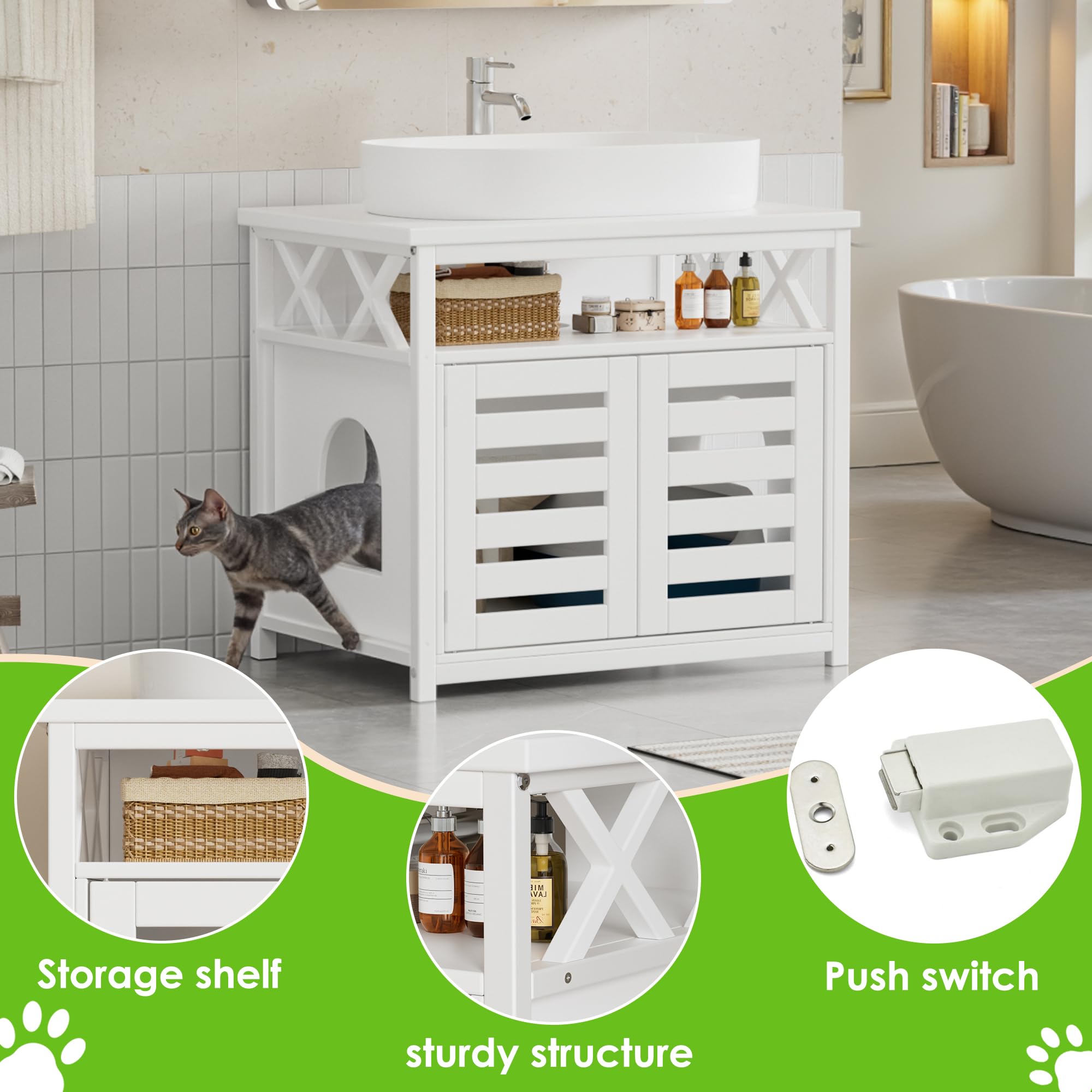 2 in 1 Casa di toilette per gatti e mobili sotto lavabo, mobile per animali persiani, armadio per lettiera per gatti con 2 porte, mobili per lettiera, 65 x 45 x 60 cm,lavello in ceramica non incluso