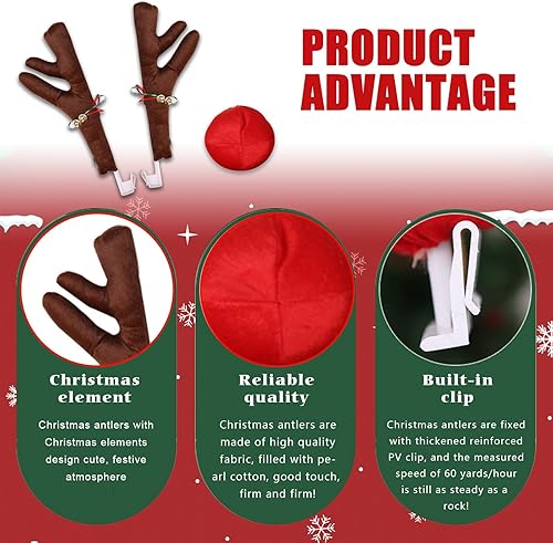 Miniatura 3 de Ajxn 3 piezas de decoración de cuernos de automóvil, cuernos de alce, bonitos adornos de Navidad de tela suave con cascabeles, juego de nariz roja,
