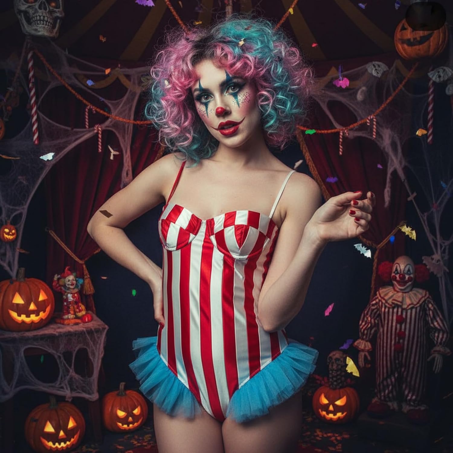 Women Halloween Clown Striped Bodysuit Carnival Slim Fitted Leotard Costume