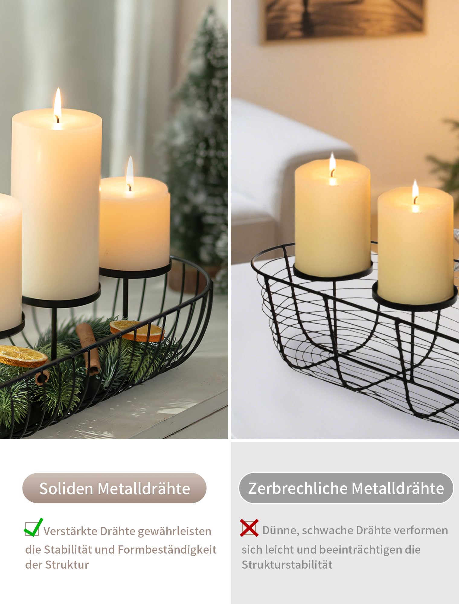 Corona d'Avvento Allungata Moderna in Metallo: Nero Centrotavola d'Avvento, Vaso Portacandele per 4 Candele - Ciotola d'Avvento Lunga 43cm Candeliere per Decorazioni Natalizie, Decorazione da Tavola