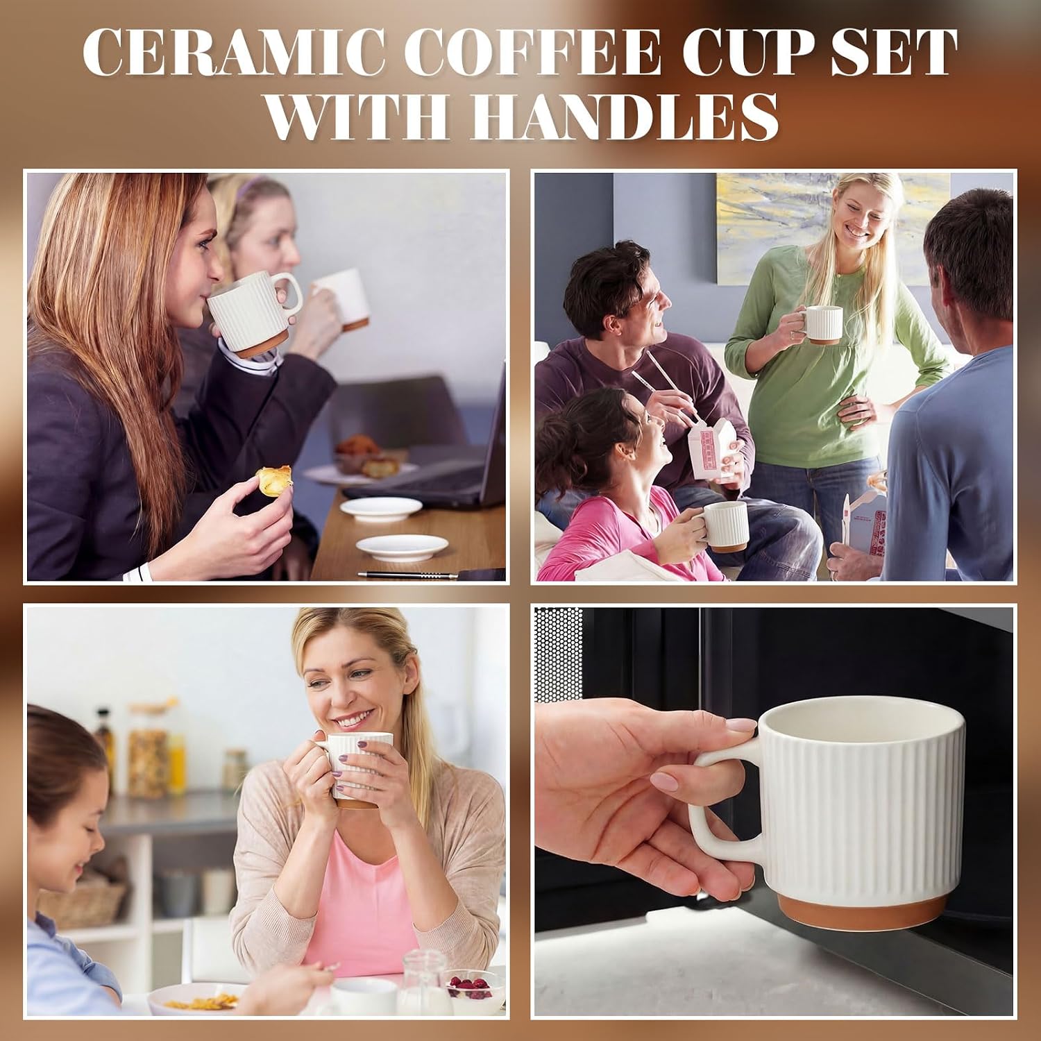6 Set 8.8 oz Ceramic Coffee Mugs with Gold Spoons, Ivory image 5