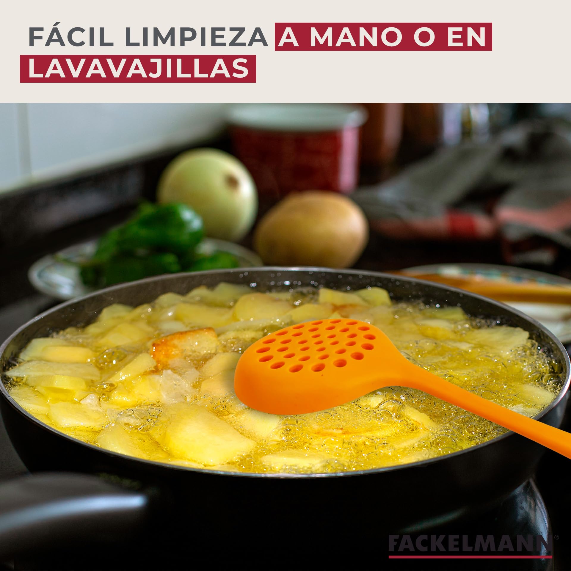 Fackelmann Espumadera de Cocina, Óptima para Freír, Silicona de Tacto Suave, Apta para Sartenes y Ollas con Revestimiento, Resistente hasta 230ºC, Apta para Lavavajillas, Color Naranja, 29x7 cm, 1 ud.