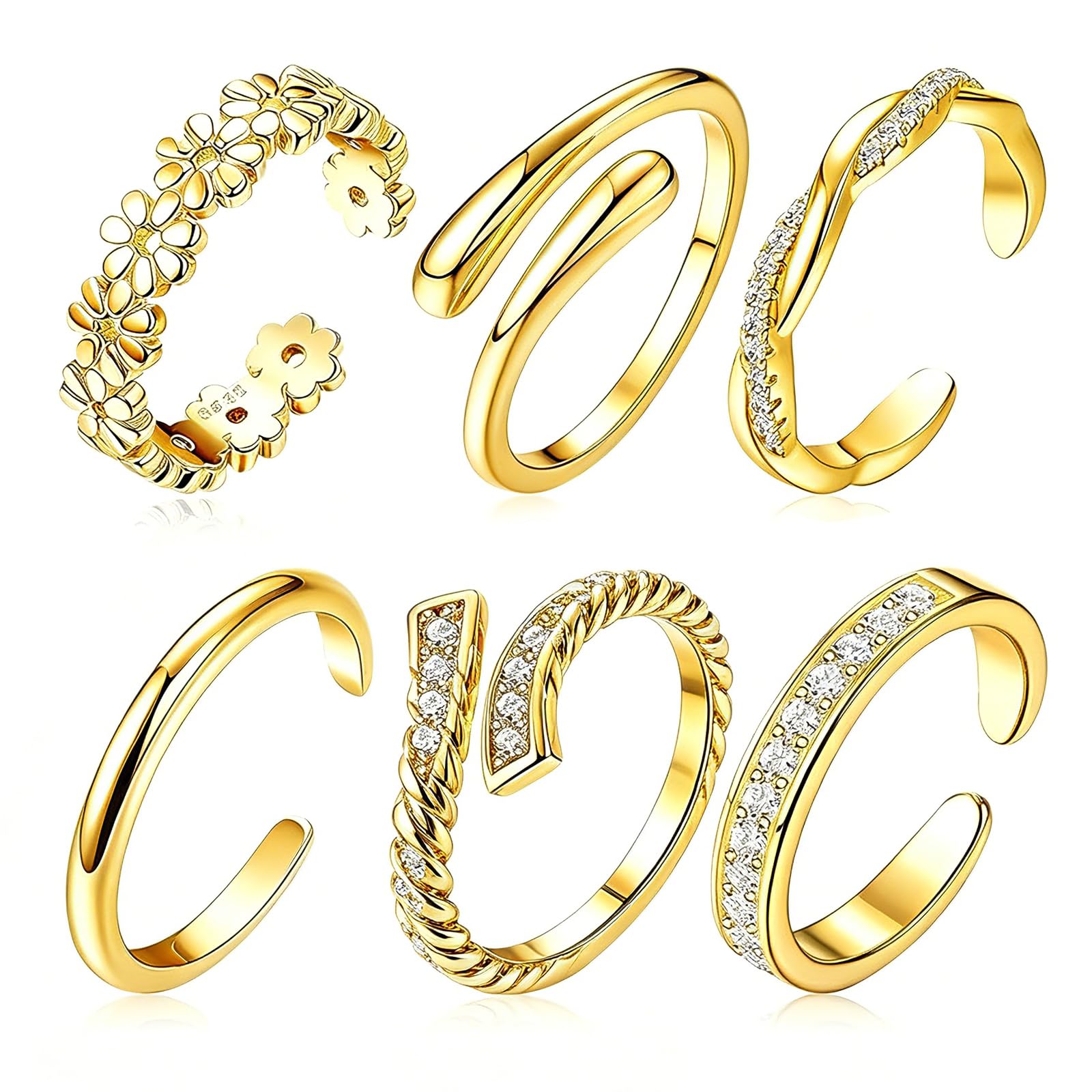 6-Piece Foot Rings for Women, Adjustable Gold-Tone Alloy Toe Rings with Artificial Zircon, Stackable Set for Summer Sandals-picture-23