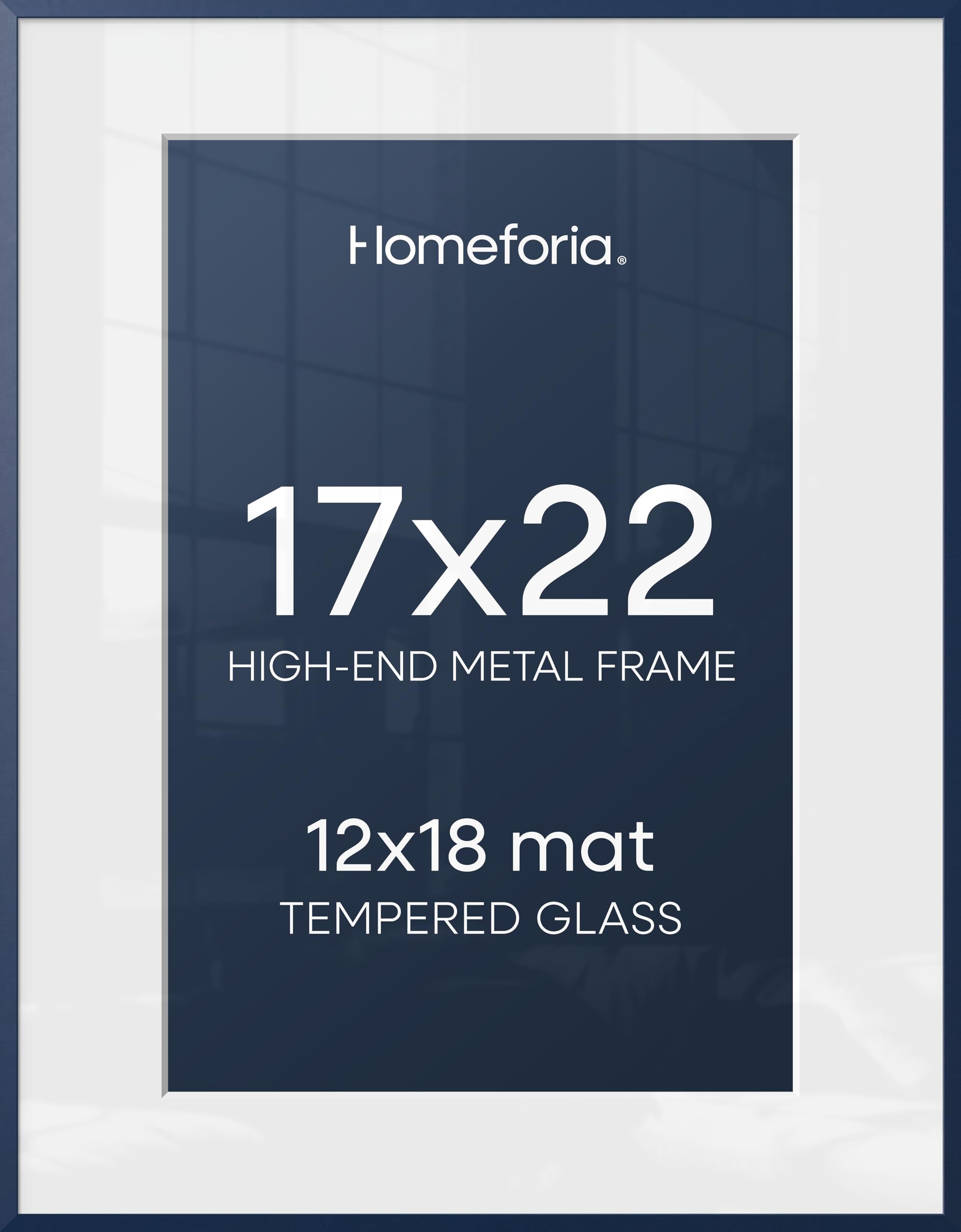 Homeforia 17x22 Picture Frame Navy Blue, High End Metal 17x22 Poster Frames with Mat 12x18 Photo, 17 x 22 Navy Blue Frame Matted to 12 by 18 Print, 22x17 Thin Frame, Tempered Glass, Wall Kit, Set of 1