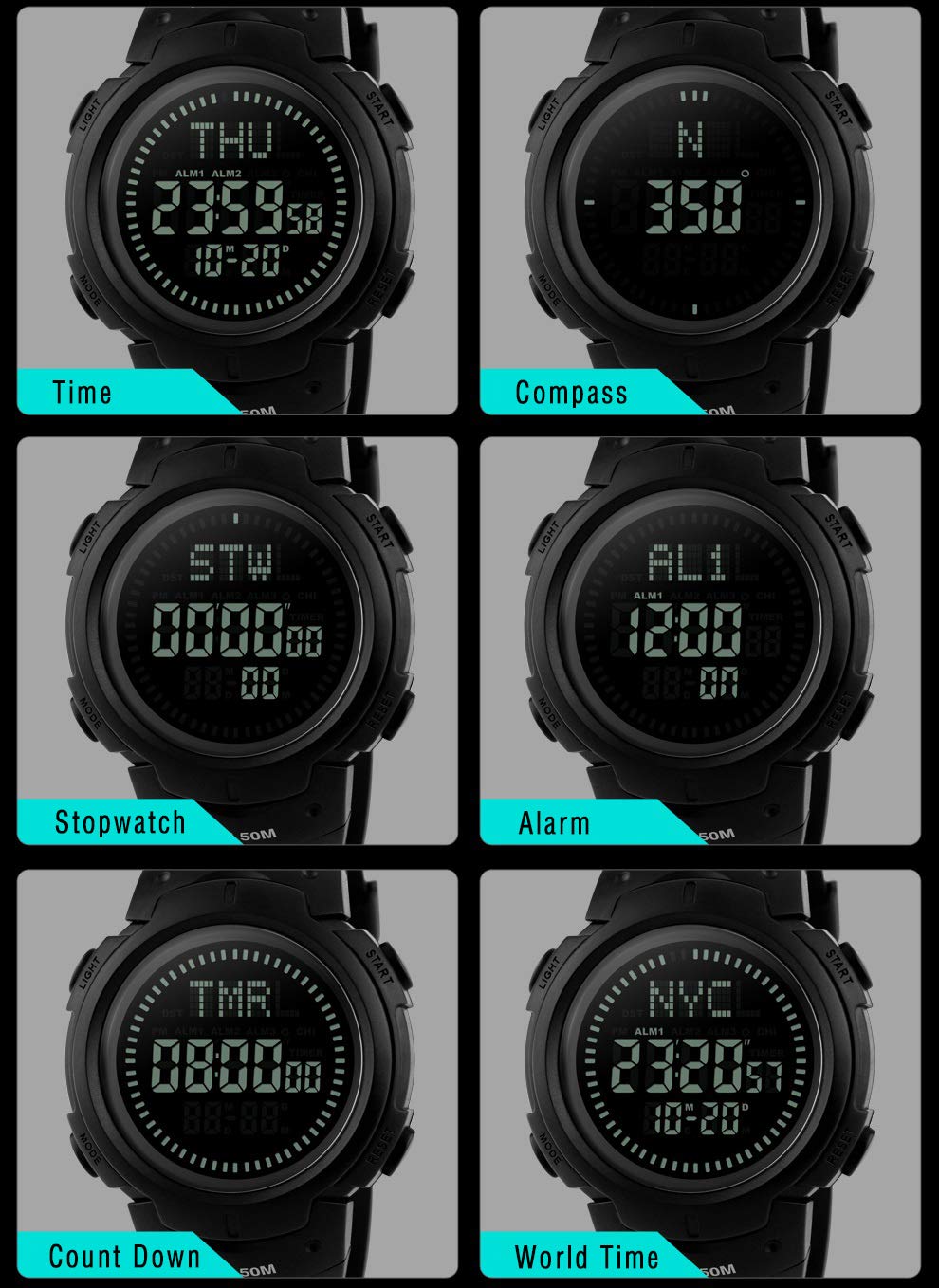 Multifuncional Deportivo Digitales LED Electrónica Brújula Relojes de Pulsera de Hombre 50M Impermeable Alarma Doble Tiempo Outdoor Militar Tácticas Plástico Reloj