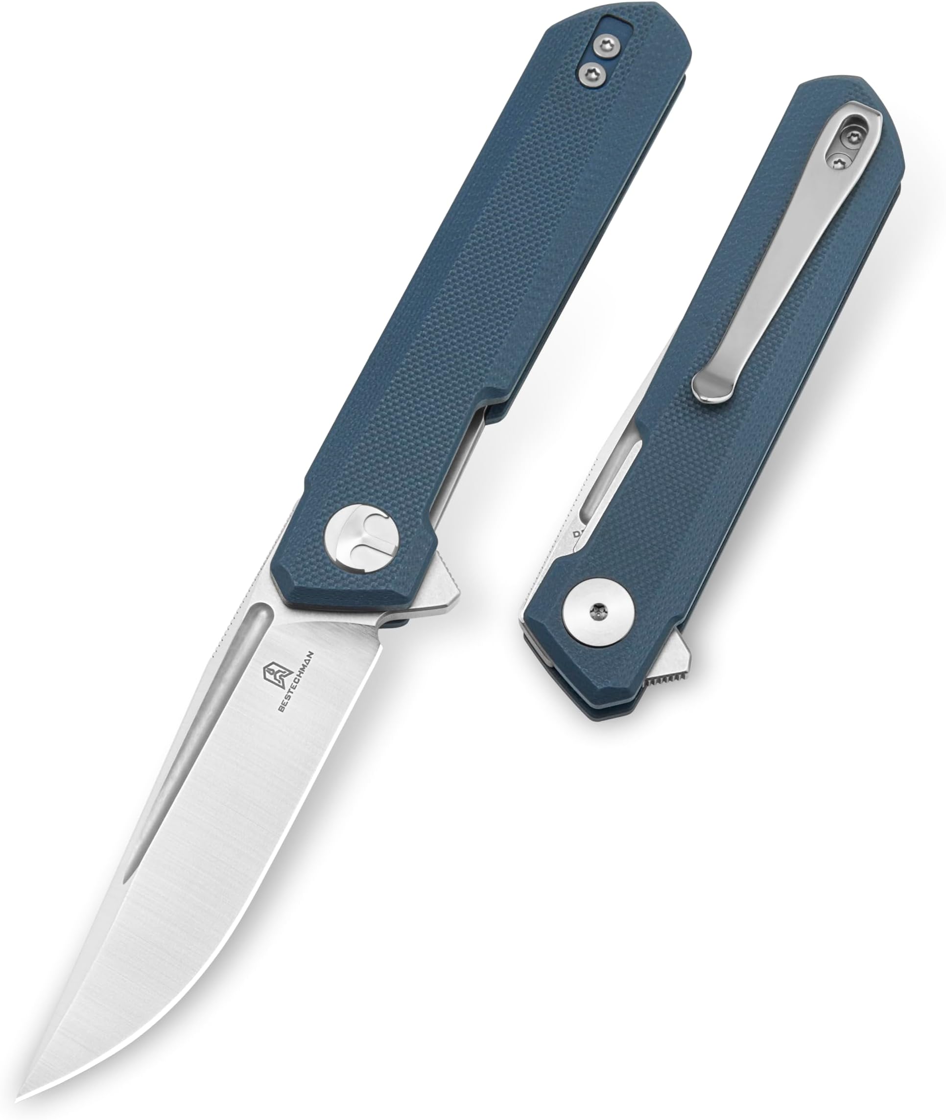 BESTECHMAN Mini Dundee Pocket Folder Folding Knife: 2.92" D2 Steel Stonewash Satin Blade, G10 Scales, EDC Reversible Deep Clip, BMK03D (Grey)