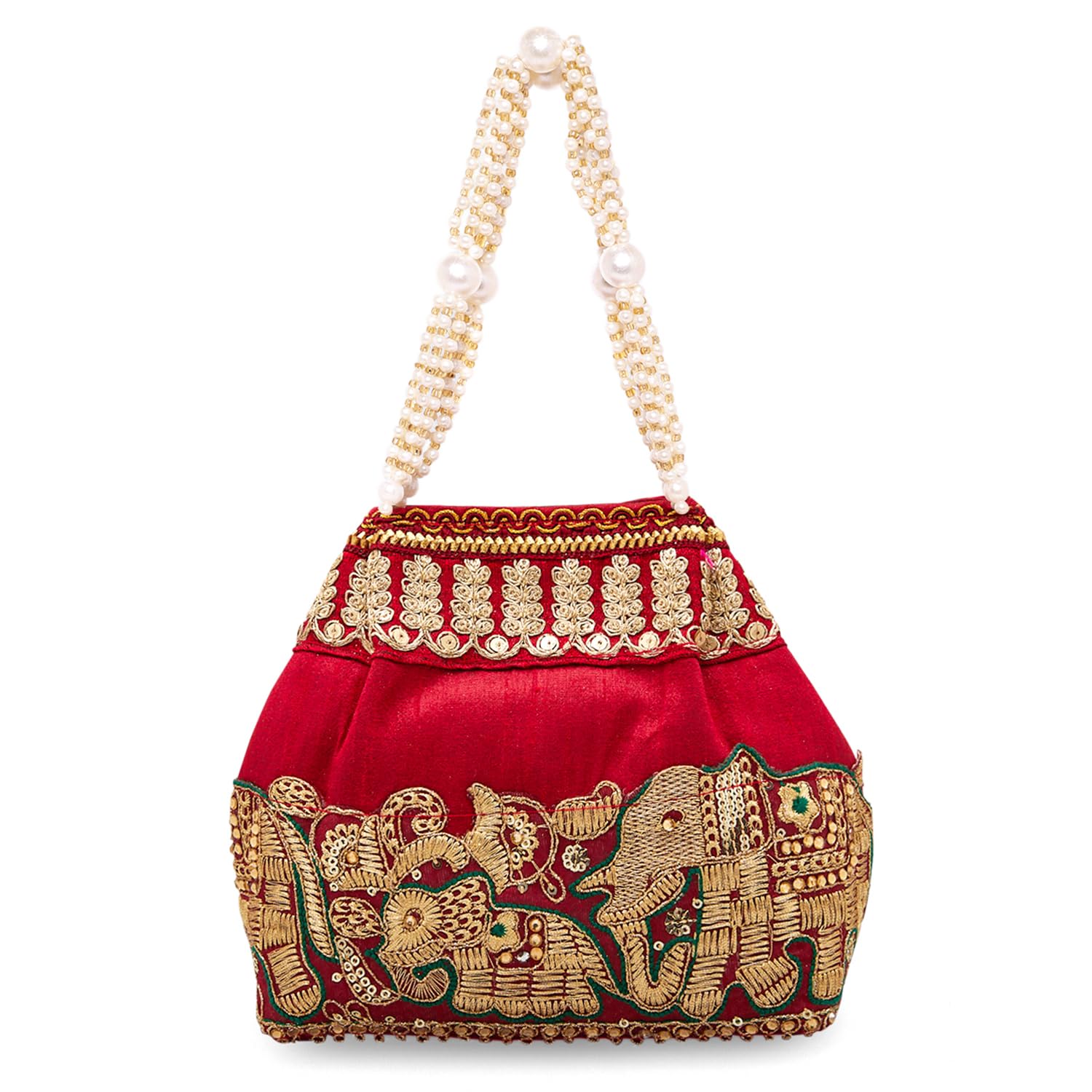 Maroon Embroidered Potli Bag Elephant Motif Pearl Handle Wedding Handbag Gift for Women & Girls-image-41