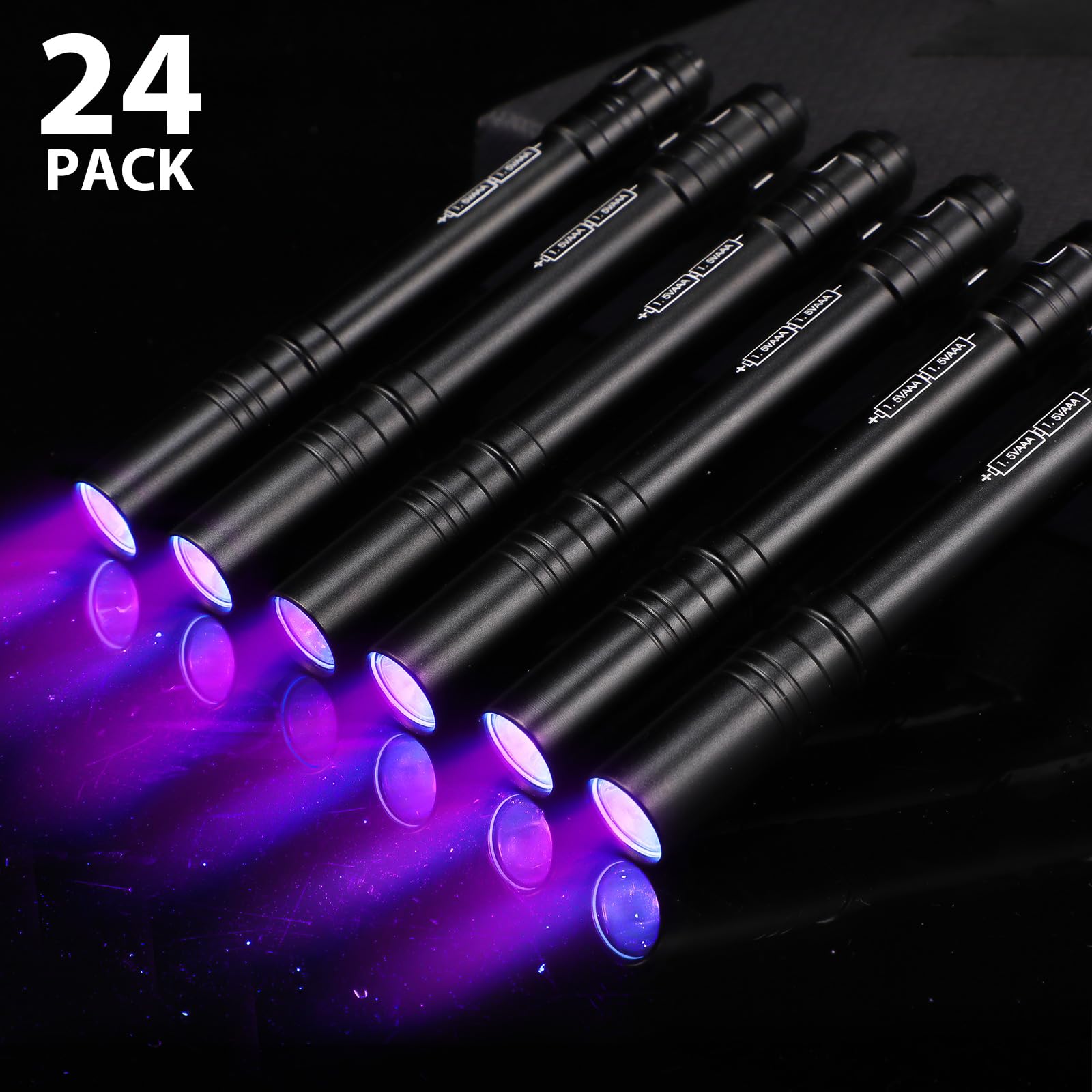 Rossesay Paquete de 24 linternas de luz púrpura UV a granel, luz UV de 395 nm con clip, mini linterna ultravioleta para fugas, orina de mascotas, inspección de hotel, detector de manchas secas y tinte