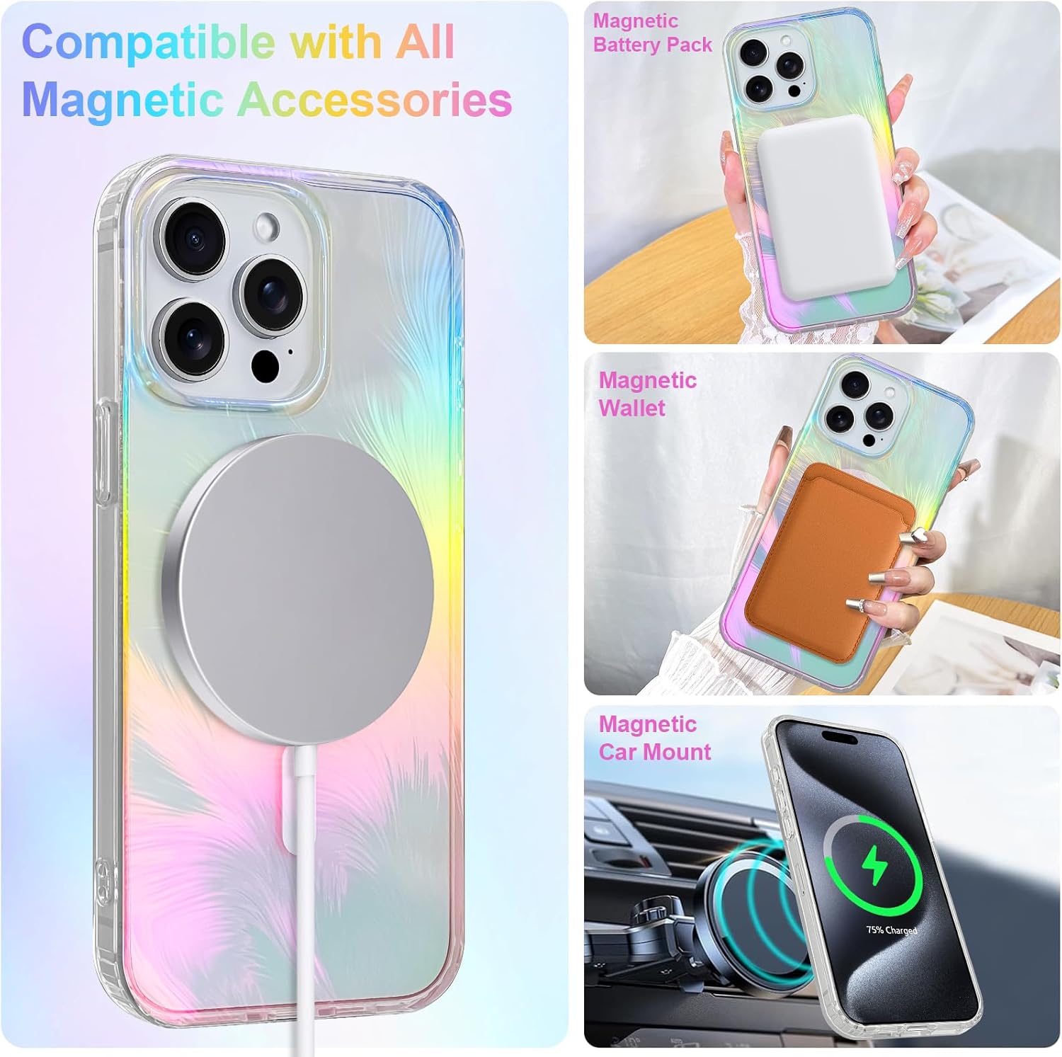 Glitter Case for iPhone 15 Pro Max Case for Women Girls [ Compatible with Magsafe ] Clear Cute Aesthetic Girly Iridescent Feather Sparkly Bling Magnetic Phone Cover, Gradient Blue & Pink - Image 3