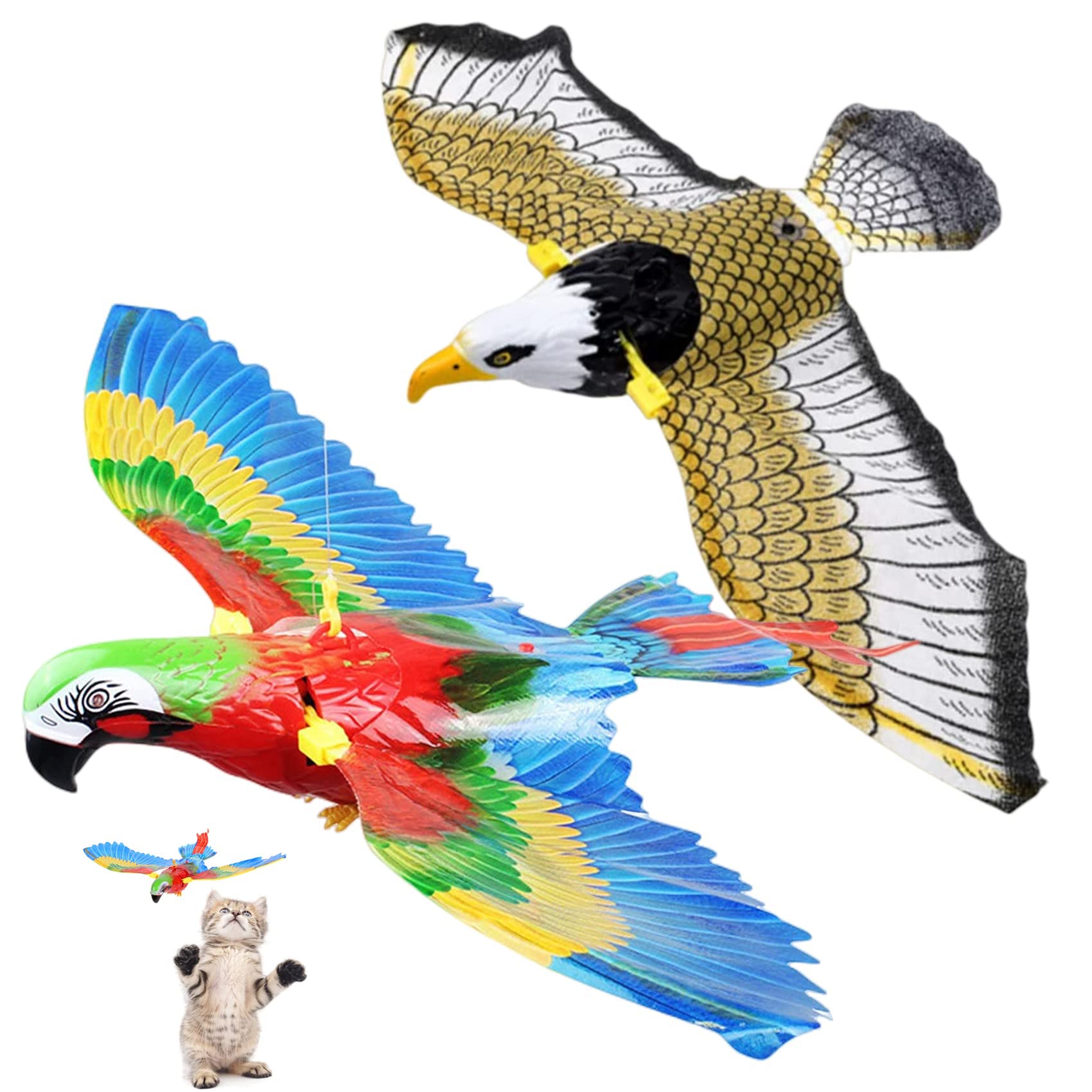 SYOSI Electronic Simulation Flying Bird Toy for Cats, with Light, Bird Interactive Cat Toy for Indoor Cats, Automatic Hanging Eagle Flying Bird Funny Cat Toy (2 Pack, Parrot & Eagle)