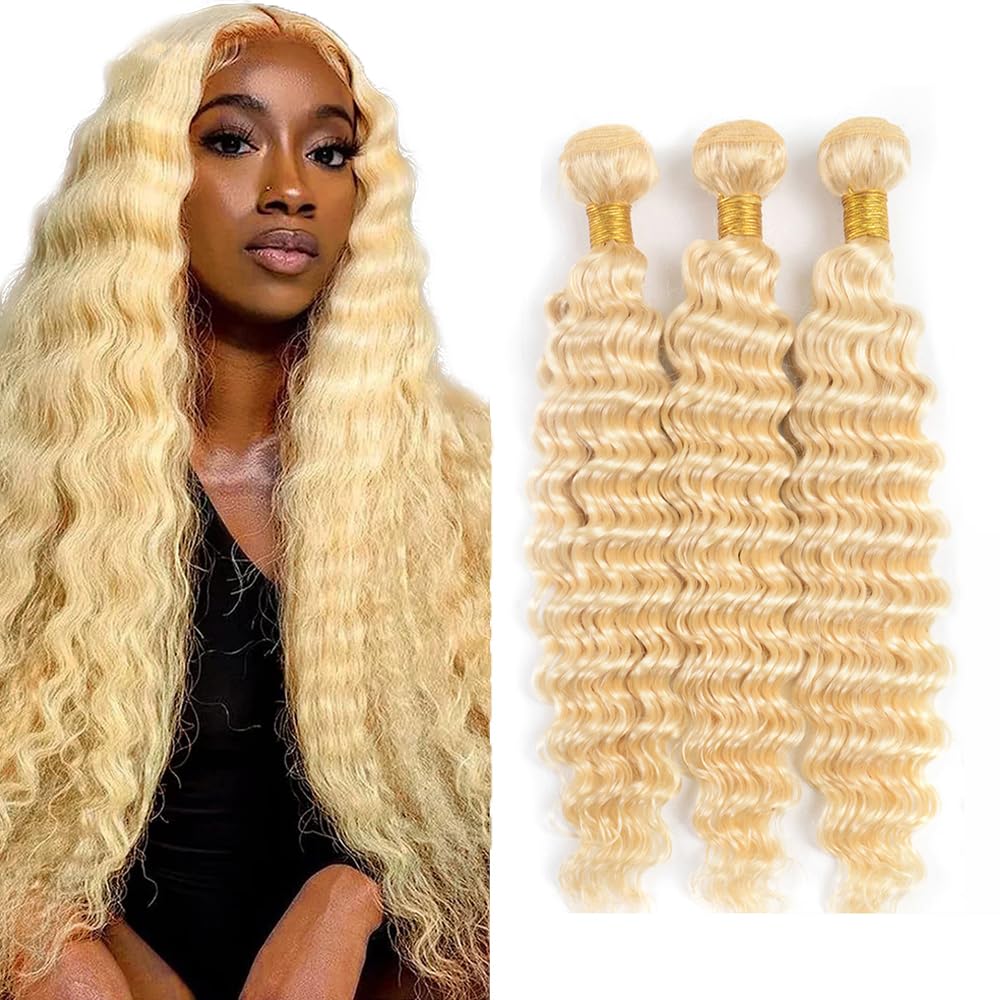 Jucames Deep Wave #613 Blonde Human Hair Bundles 24 26 28 Inch Double Weft Virgin Unprocessed Human Hair Extensions Weave 3 Bundles Total 150g For Women