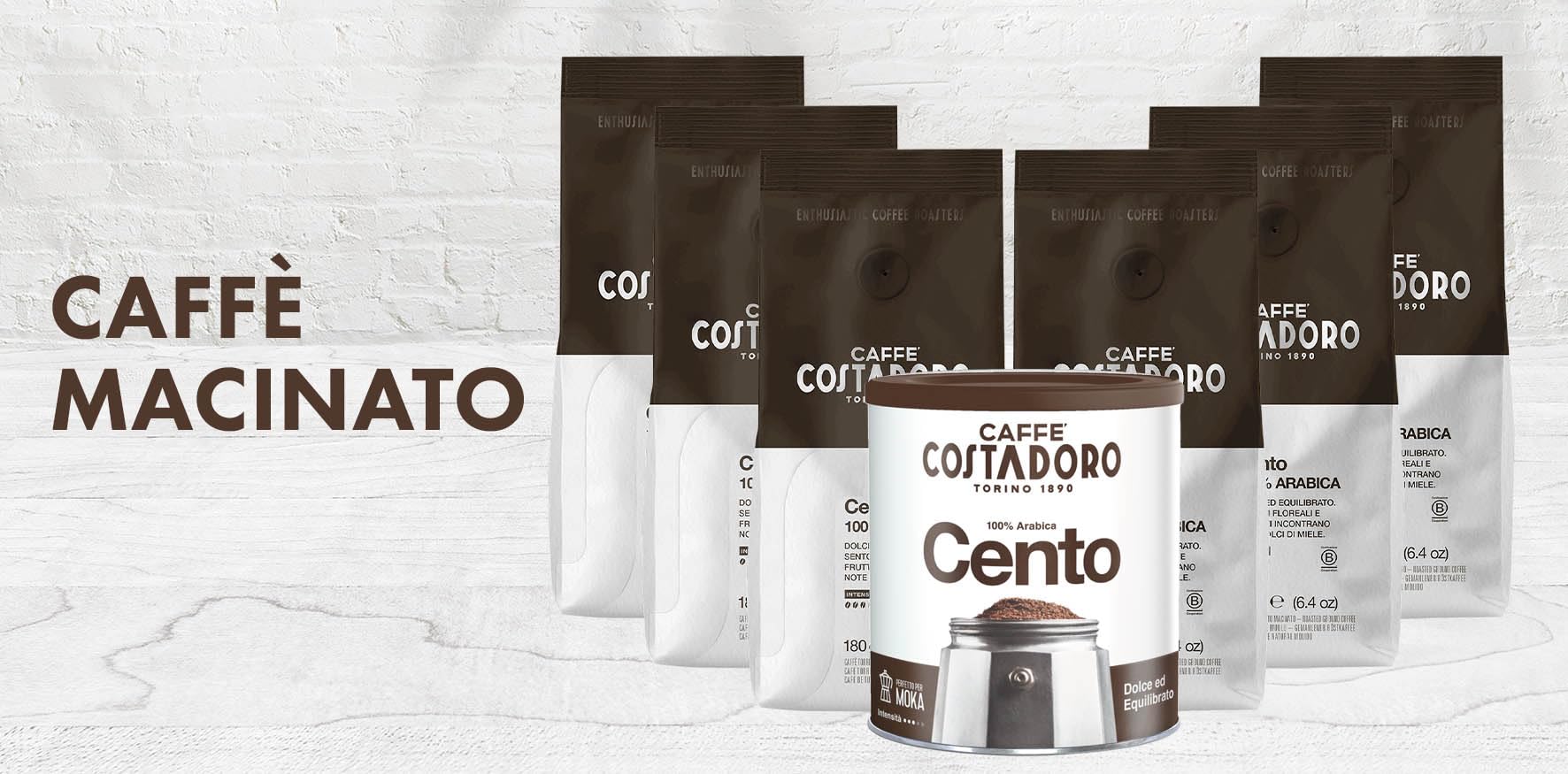 Costadoro Cento – kawa mielona 100% Arabica do kawiarki moka, o słodkim i zrównoważonym smaku, zestaw 6 × saszetki 180 g + 1 × puszka 250 g, wyprodukowano we Włoszech