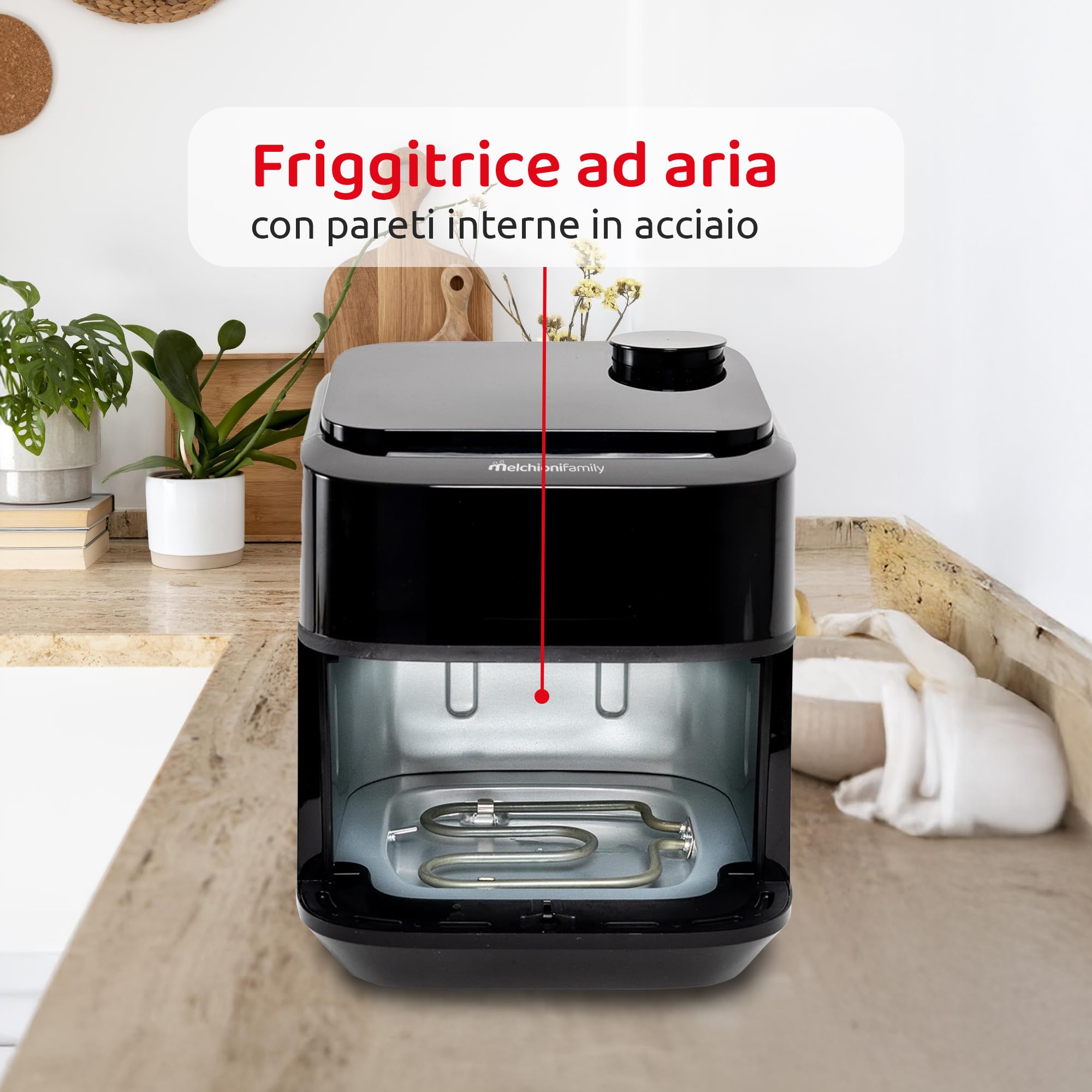 Frytkownica Melchioni Family z miękką parą, podwójna rezystancja, pojemność 6,5 l, cyfrowy wyświetlacz i 8 zaprogramowanych programów, cicha, regulowana temperatura 80-200°C, timer 60 min,