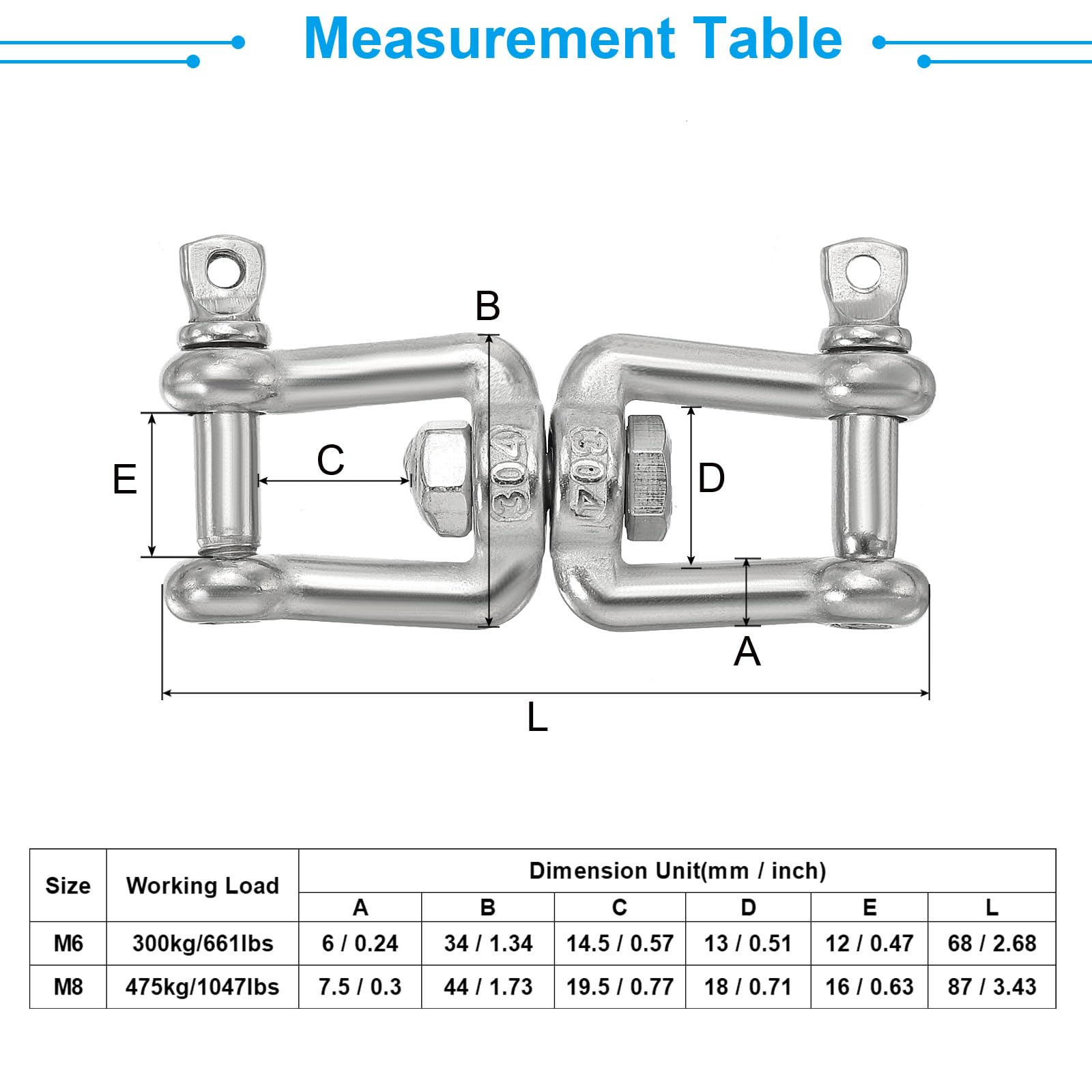 PATIKIL Double Shackle Swivel Hook M8 Working Load 475kg/1047lbs, 304 Stainless Steel Jaw to Jaw Swivel Shackle Ring Connector for Marine Mooring Hanging