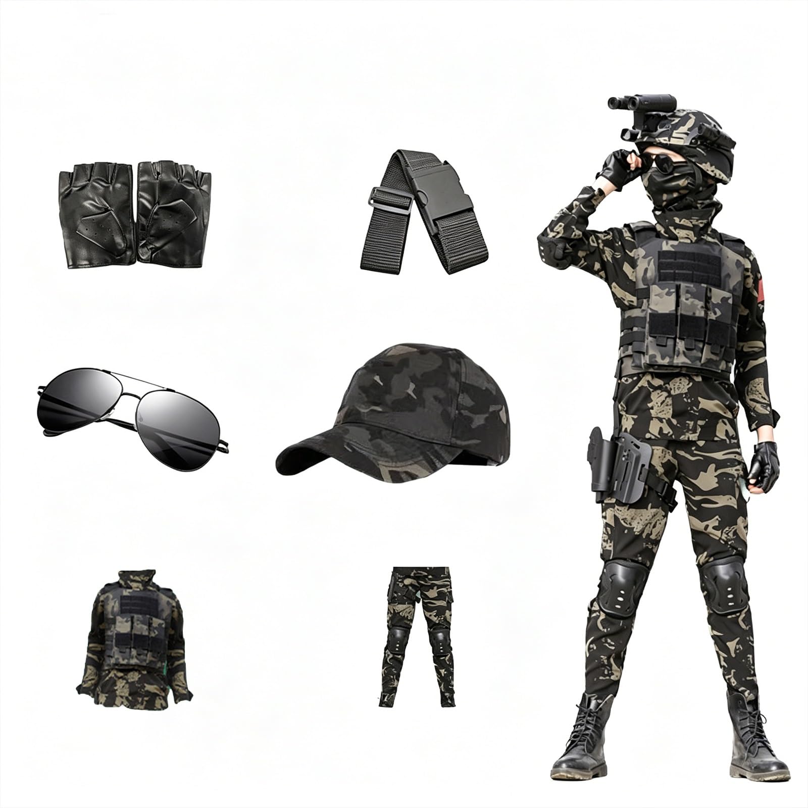 Kinder Militär Kostüm Set Soldat Armee Rollenspiel Outfit mit Zubehör, Halloween und Geburtstags Geschenk Verkleidungsset