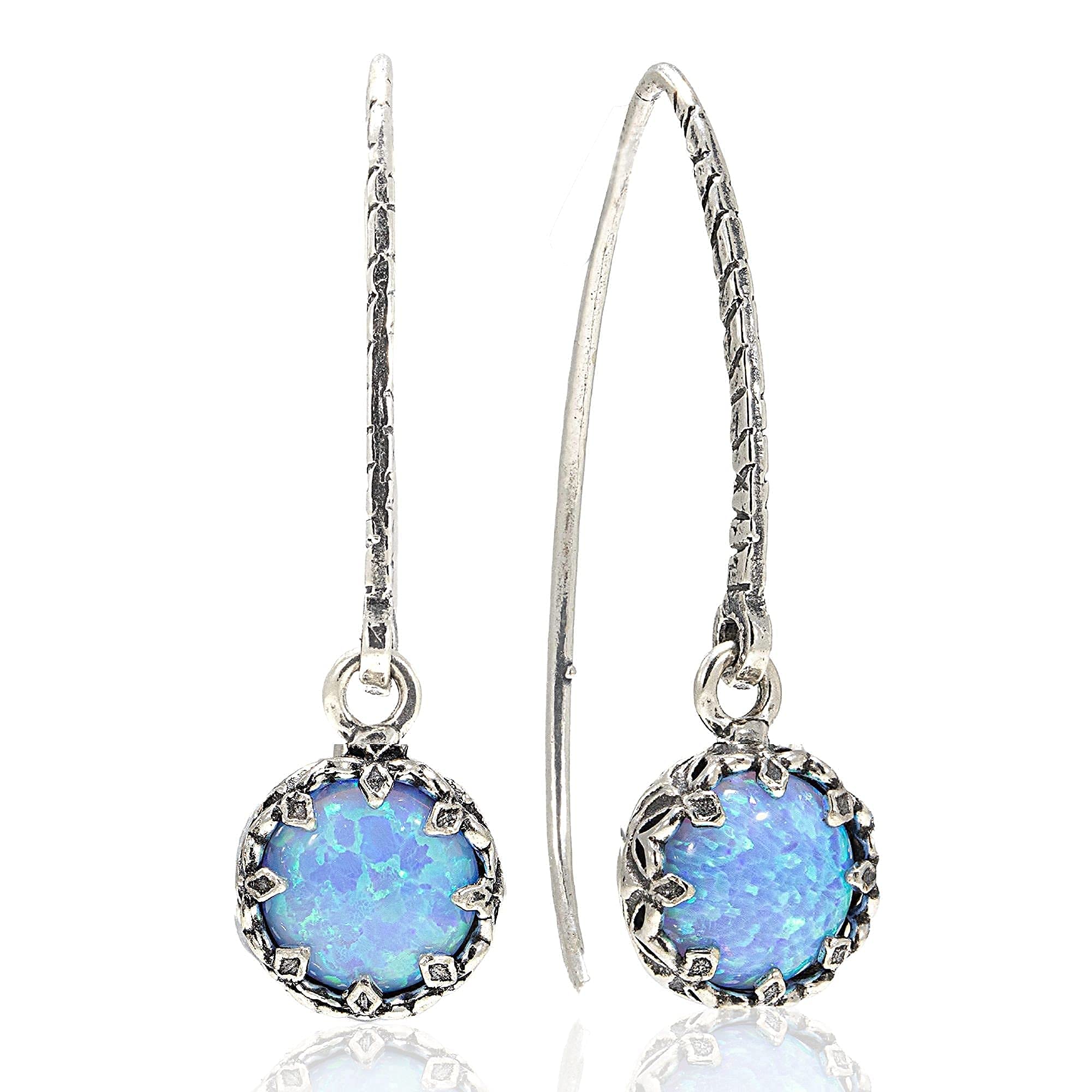 ADITA GOLDBlue Opal Dangle Earrings in 925 Sterling Silver - Drop Earrings for Women - 8mm October Birthstone Vintage Style Gemstone Small Jewelry - Trendy Handmade Classic Elegant Jewelry Gift for Women