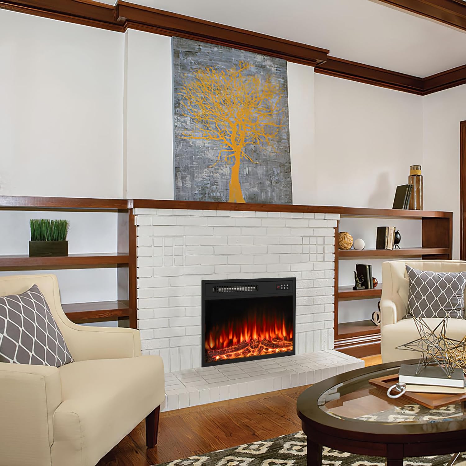 23 inch Electric Fireplace Insert with Stove Heater for TV Stand,LED Realistic Flame,Recessed Mounted Fireplace Heater with Remote Control,Fireplace with Adjustable Flame, Timer 750/1500W