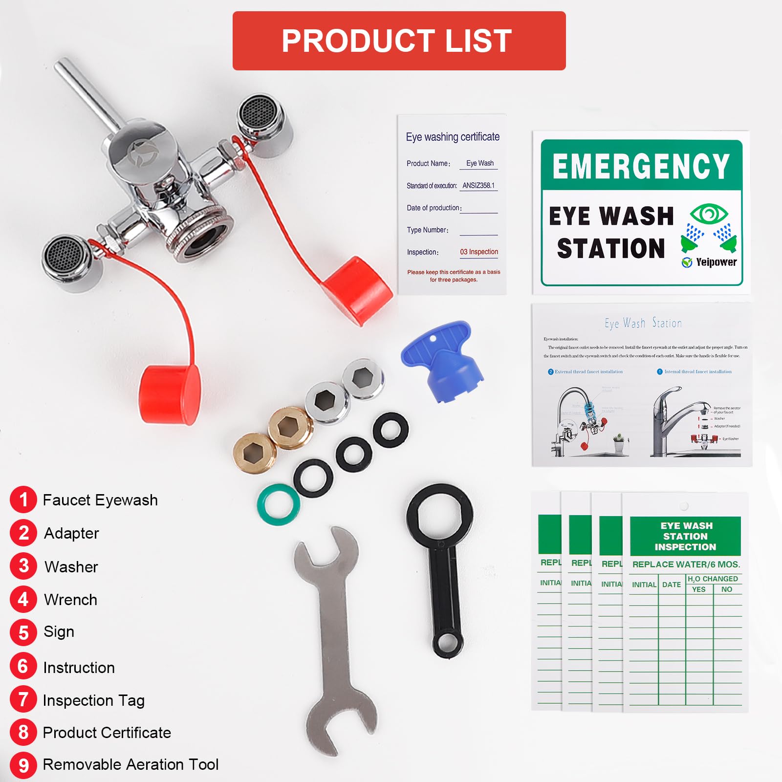 Kit de lavado de ojos de emergencia aprobado por OSHA para grifo de fregadero de primeros auxilios