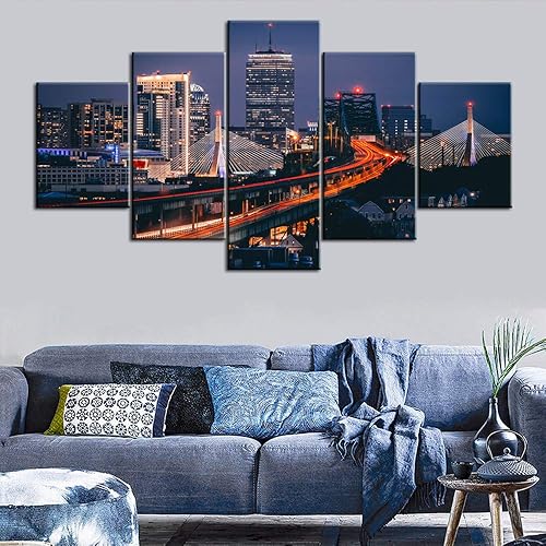 Pintura de nativos americanos, paisaje urbano de Boston, arte de pared de paisaje urbano de 5 paneles, arte contemporáneo para decoración del hogar