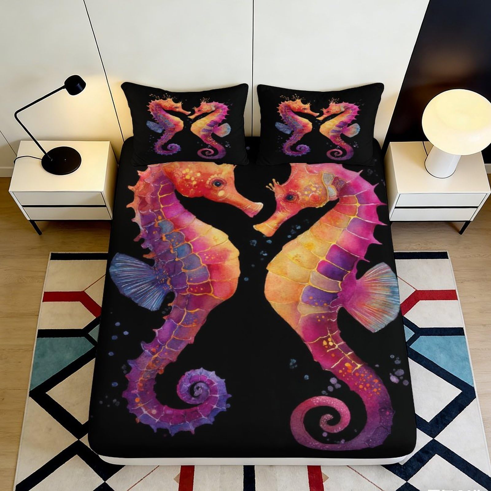 3D Printed Colourful Seahorse Fitted Sheet Microfiber Soft Breathable Abstract Ocean Mattress Cover for Bedroom Dorm Decor 90x200x25cm