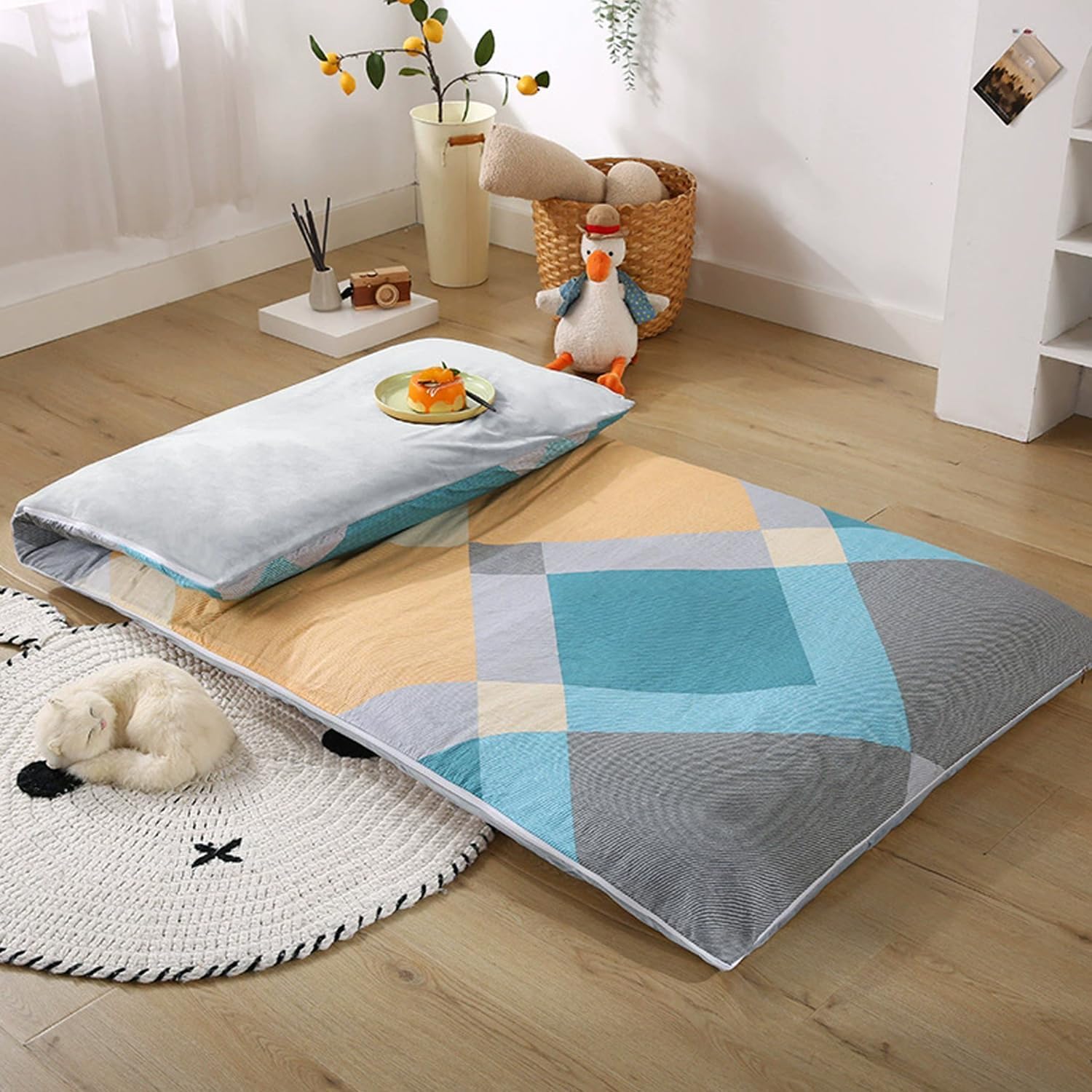 I,90x190cm,LDLCYCN Cotton Floor Futon Mattress Cover with Zipper King/Queen/Twin Soft Velvet Sleeping Mat Cover Skin-Friendly Futon Slipcover for Bedroom Dormitory Machine Washable