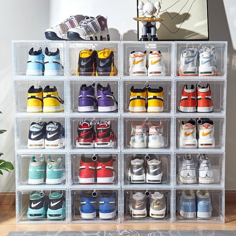 6-Pack Clear Shoe Box Containers with Air Ventilation & Magnetic Door | Stackable, Durable, Transparent Storage for Sneakers, Heels, Boots, Bags & Fits up to Maximum Size of US12 (White)