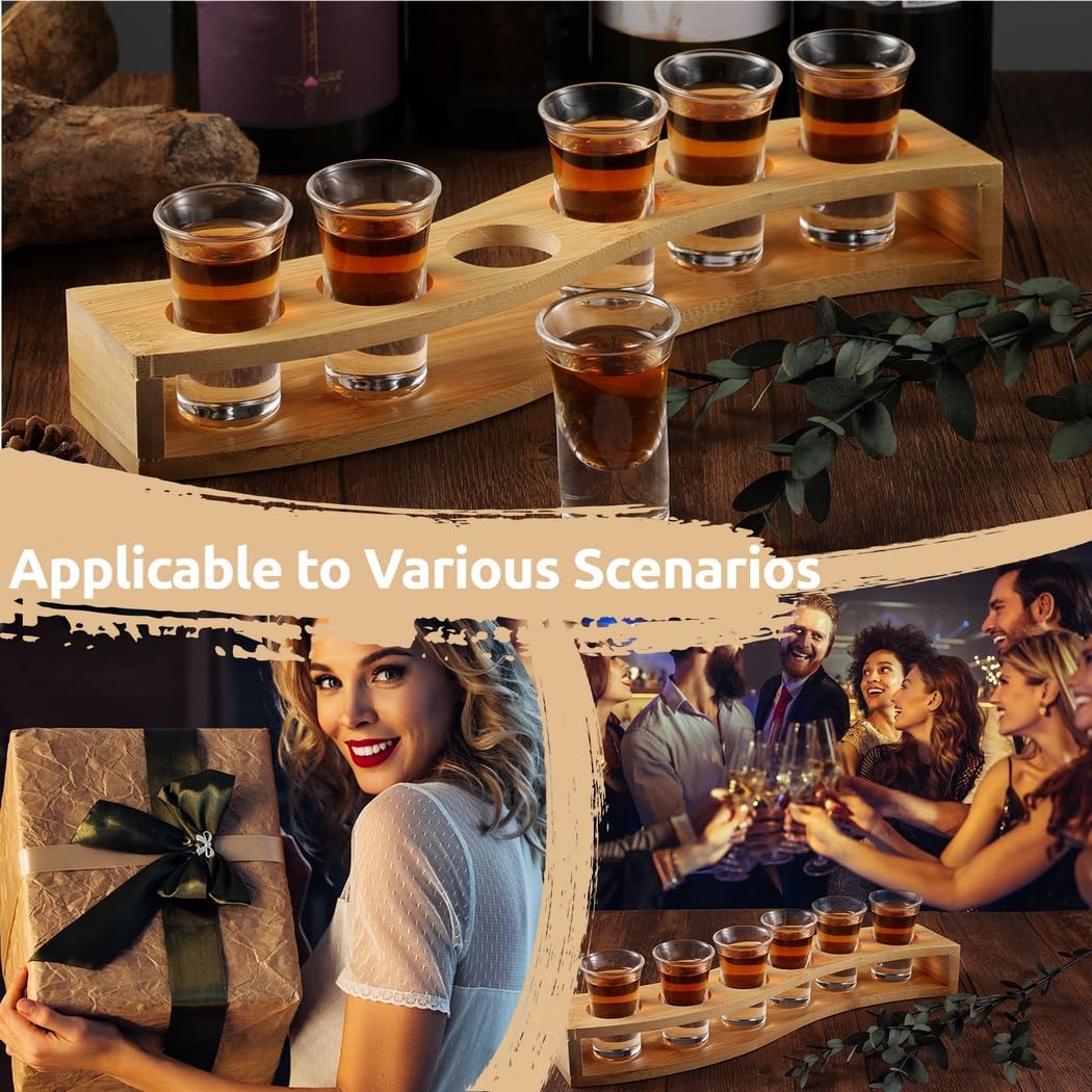 Lot de 6 verres à shot de qualité supérieure avec porte-plateau en bambou en forme de S, gobelets en verre transparent de 25 ml, parfaits pour les fêtes et les restaurants