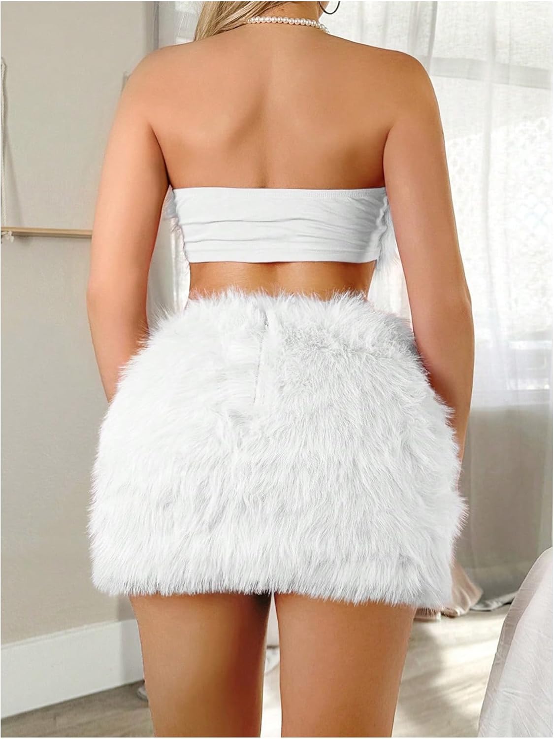 WDIRARA Women's Fuzzy 2 Piece Outfits Bandeau Crop Top Bodycon Mini Skirt Set Party Club Outfits - Image 2