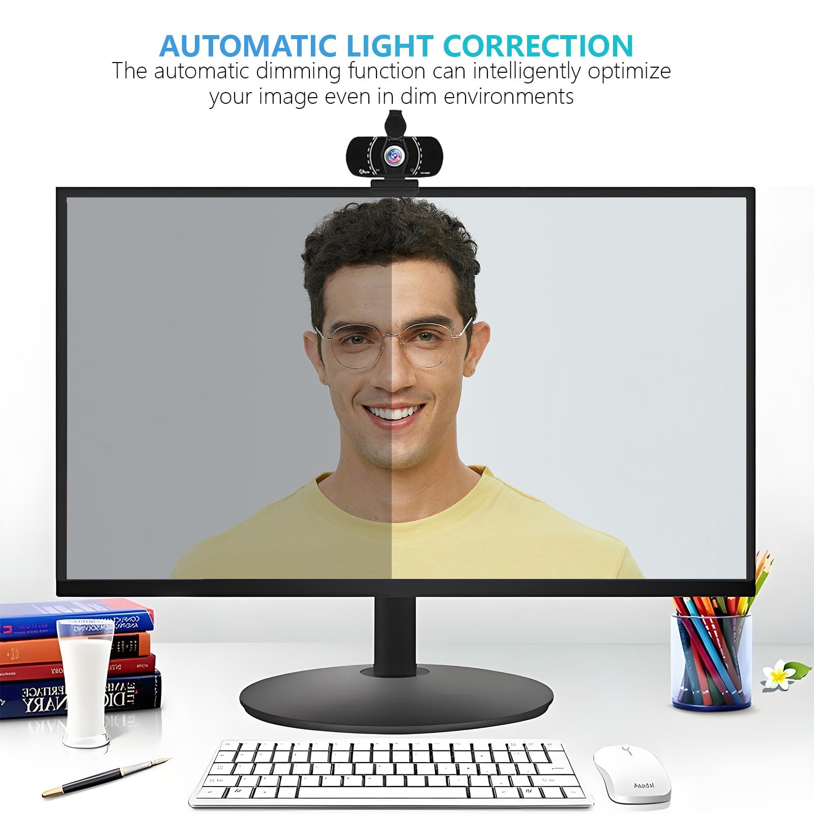 Akyta Cámara web 1080P con micrófono, cámara web con micrófono con cancelación de ruido/cubierta de privacidad/soporte/adaptador y gran angular de 110°, cámara web USB para computadora de escritorio