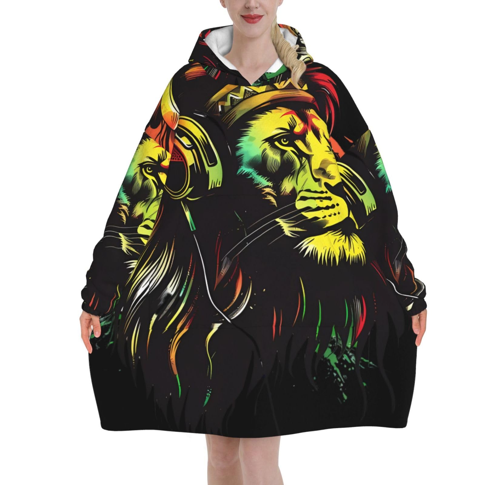 Peiyeety Unisex Rasta Reggae Music Jamaican Lion Blanket Hoodies For Women And Men Adult Oversize Wearable Blanket Hoodies For Soft And Warm