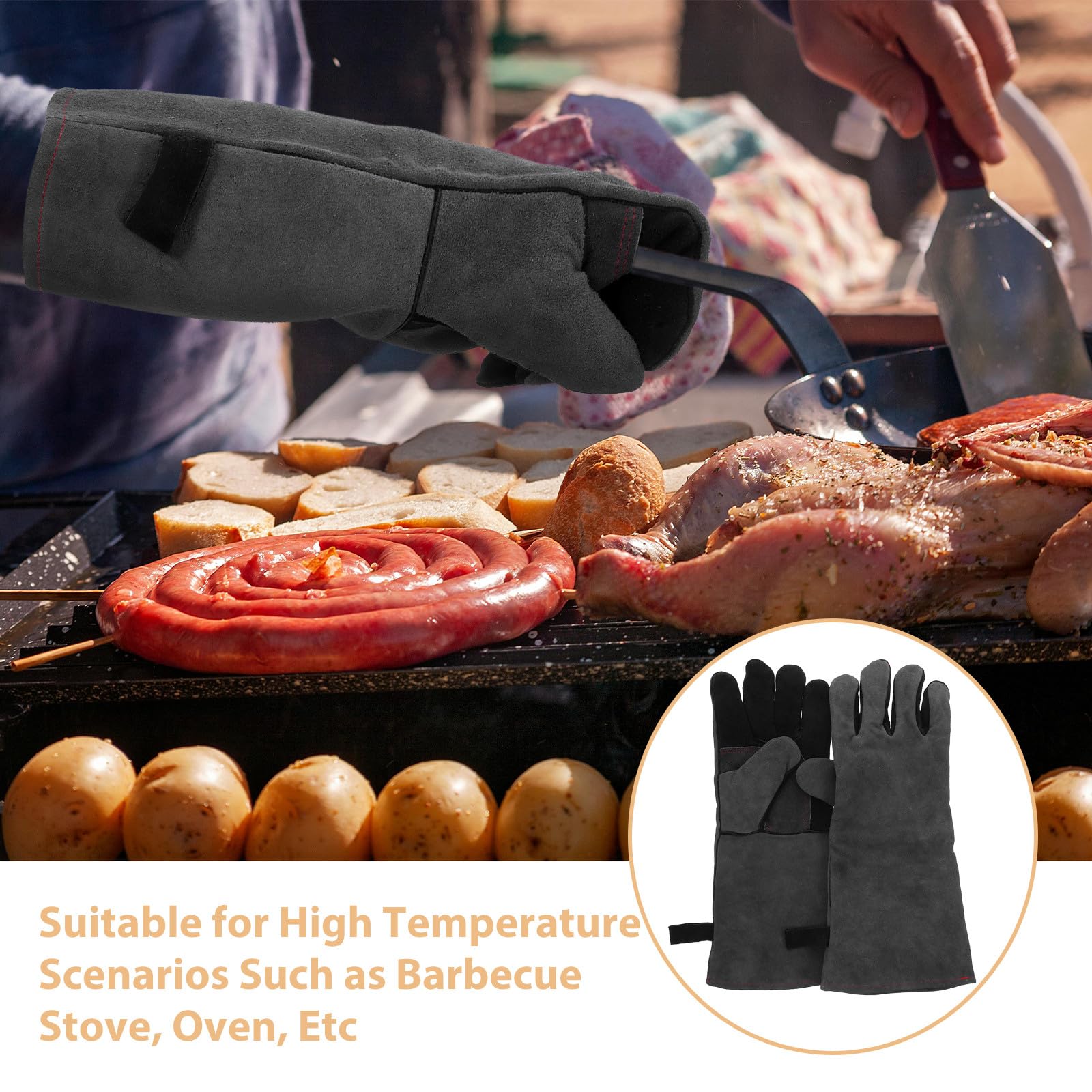 1 Paar Hitzebeständige Grillhandschuhe aus Rindsleder mit Rutschfestem Design und Atmungsaktivem Stoff zum Grillen und Schutz vor Verbrennungen